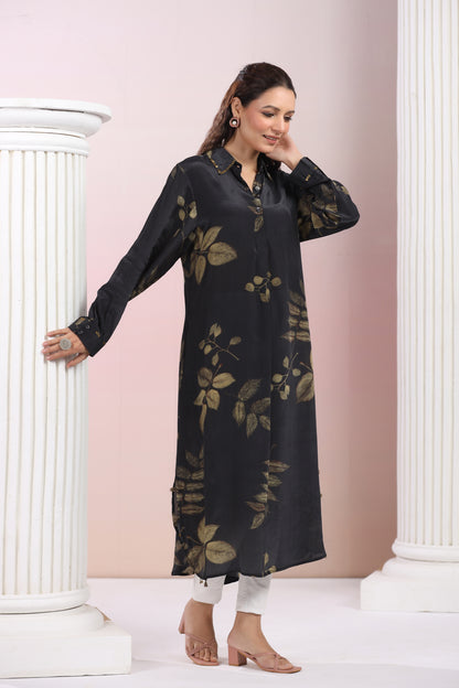Pure Crepe Floral Printed Shirt Collar Dress