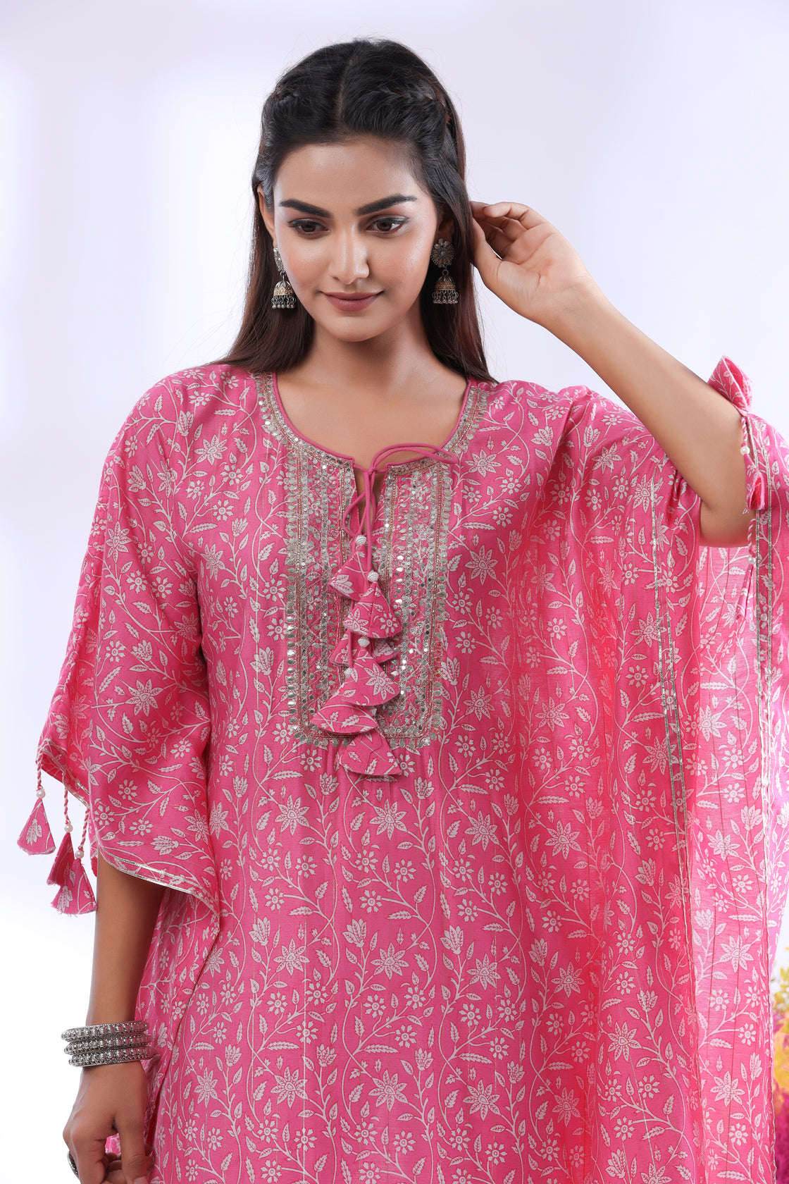 Pink Printed Muslin Kaftan with Tassles & Heavy Embroidery