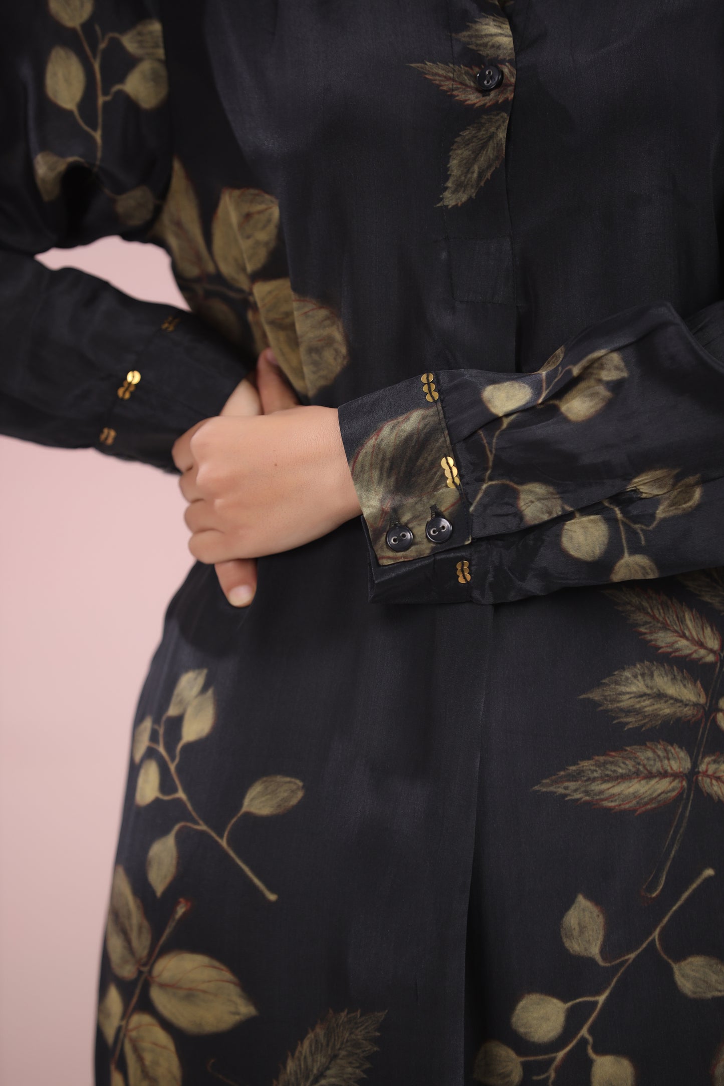 Pure Crepe Floral Printed Shirt Collar Dress
