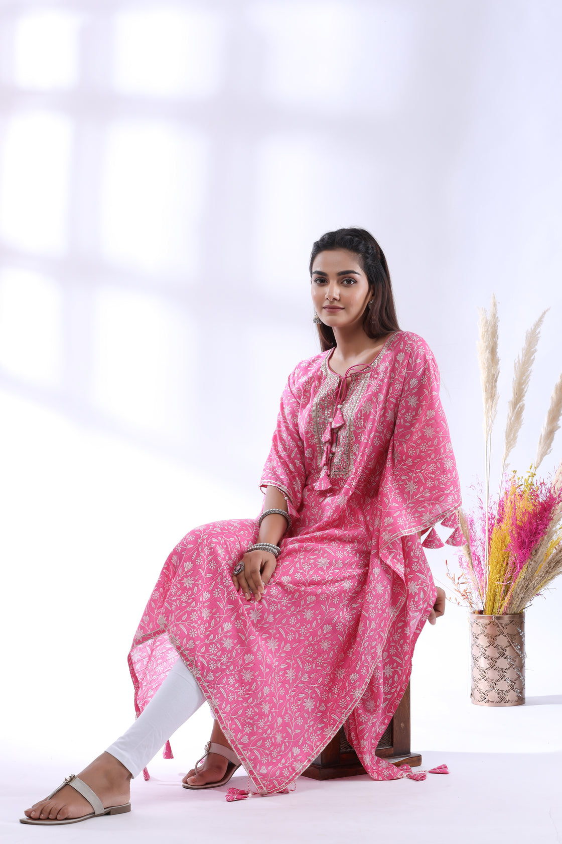 Pink Printed Muslin Kaftan with Tassles & Heavy Embroidery