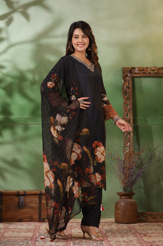 Black floral printed muslin suit set