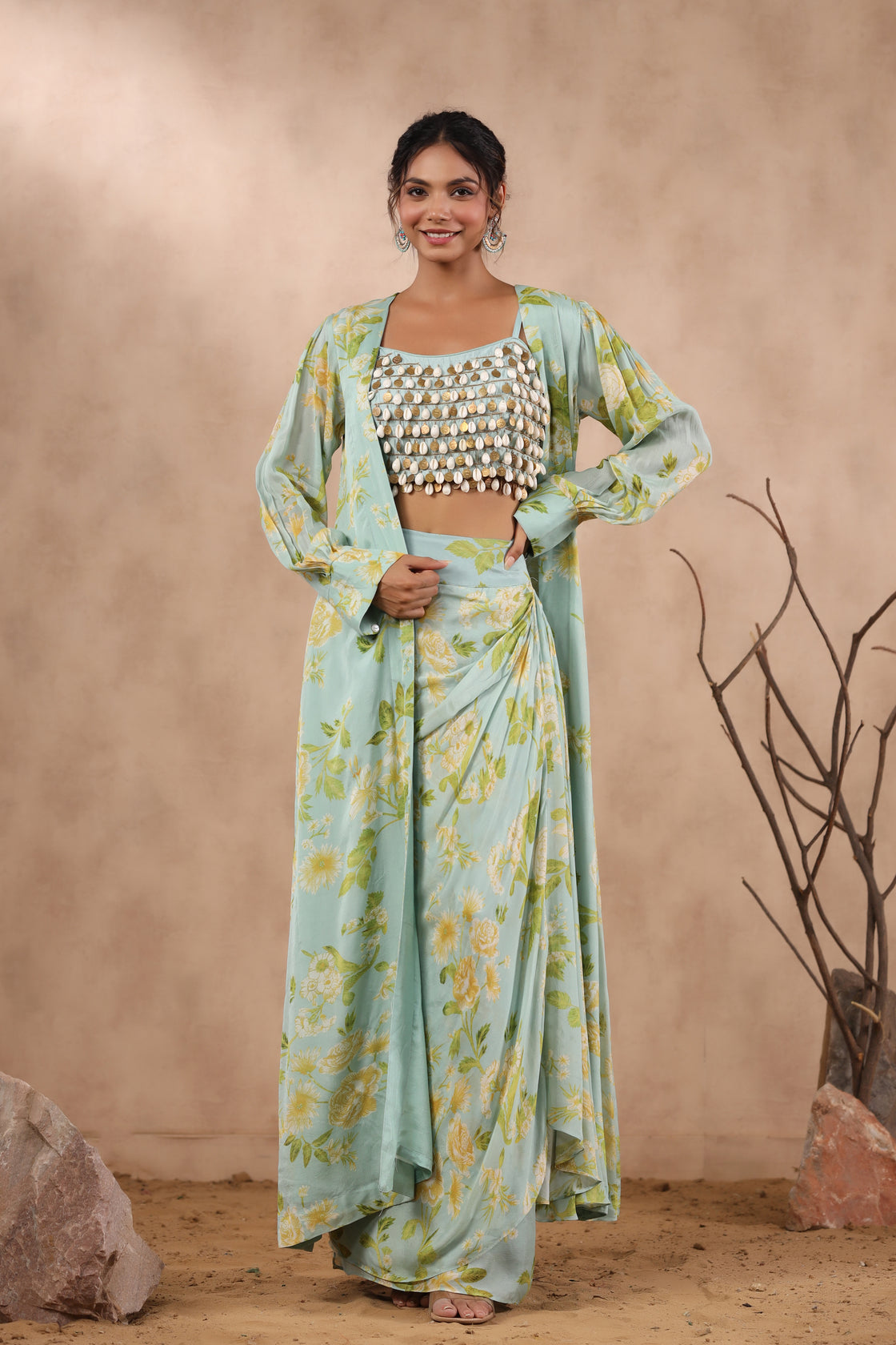 Sea Green Chinnon Chiffon Floral Printed Jacket Set