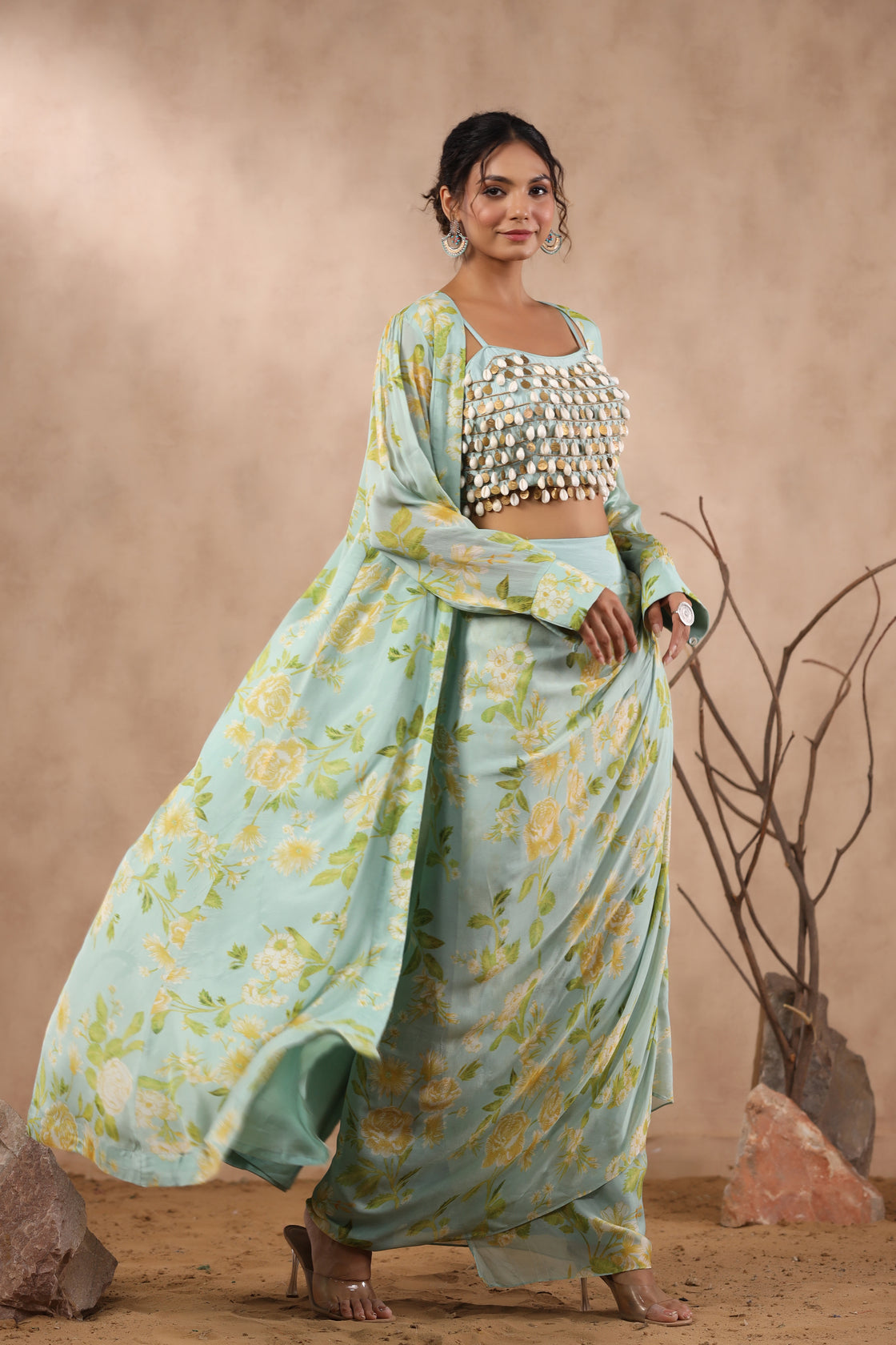 Sea Green Chinnon Chiffon Floral Printed Jacket Set