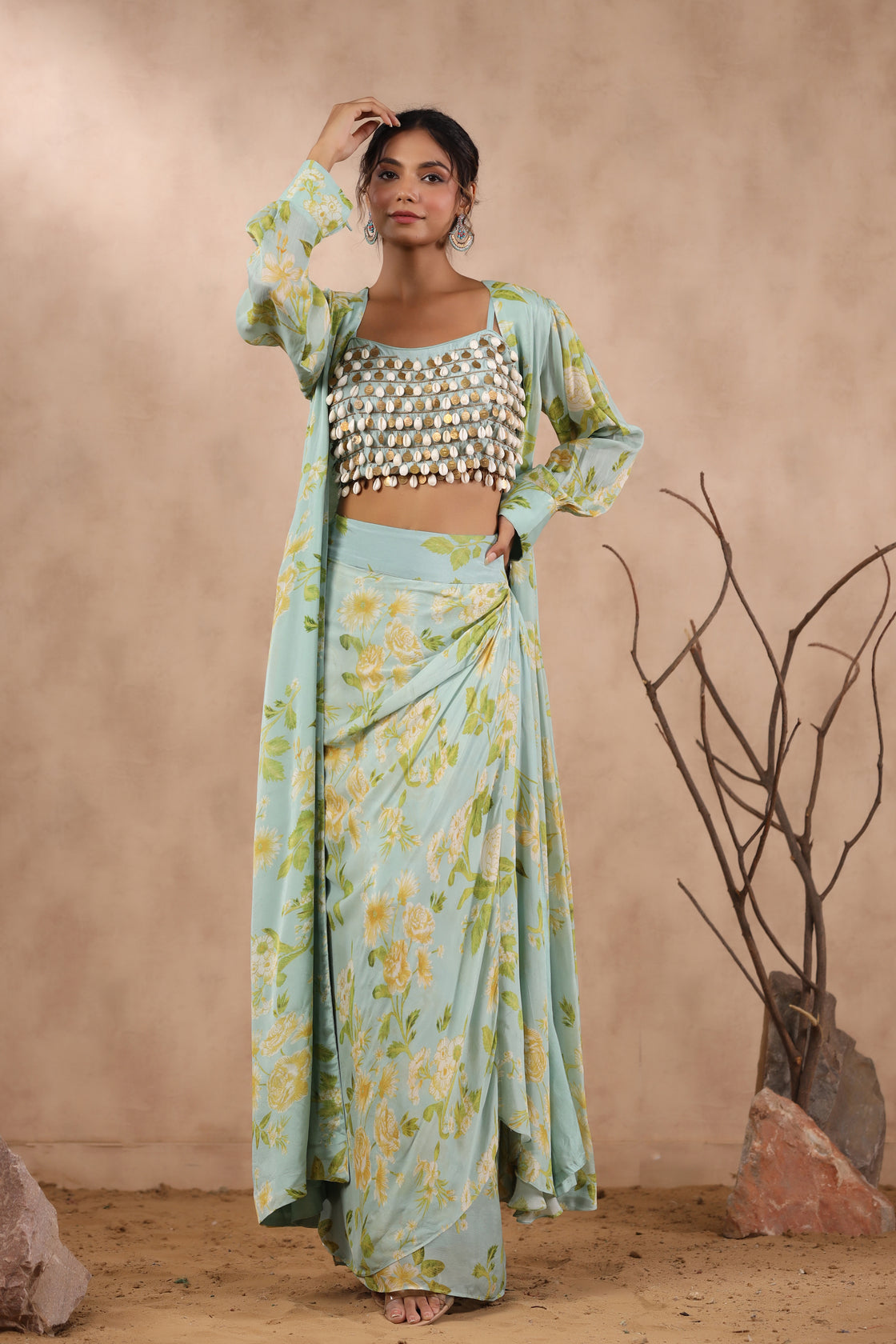 Sea Green Chinnon Chiffon Floral Printed Jacket Set