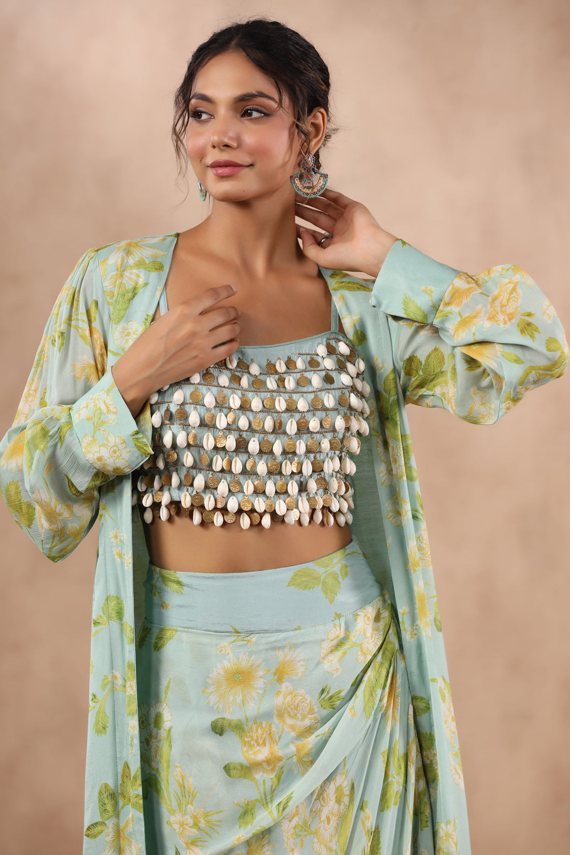 Sea Green Chinnon Chiffon Floral Printed Jacket Set