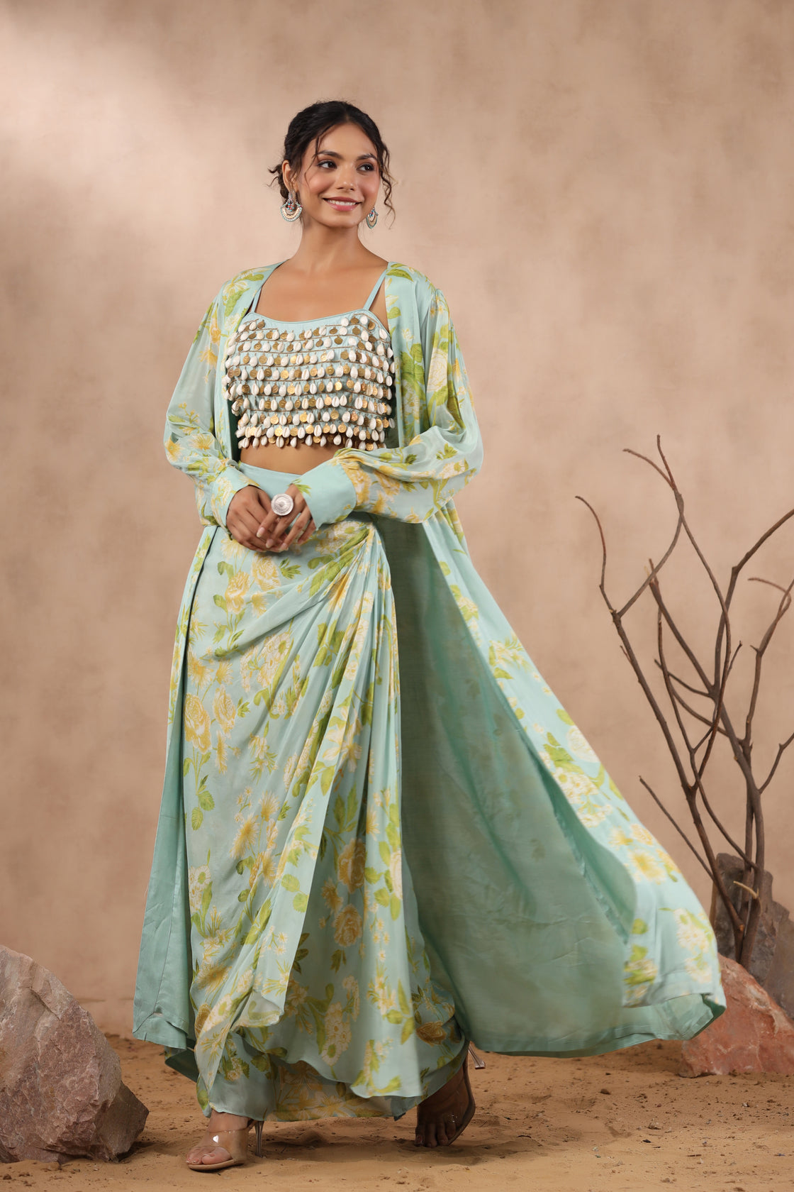 Sea Green Chinnon Chiffon Floral Printed Jacket Set