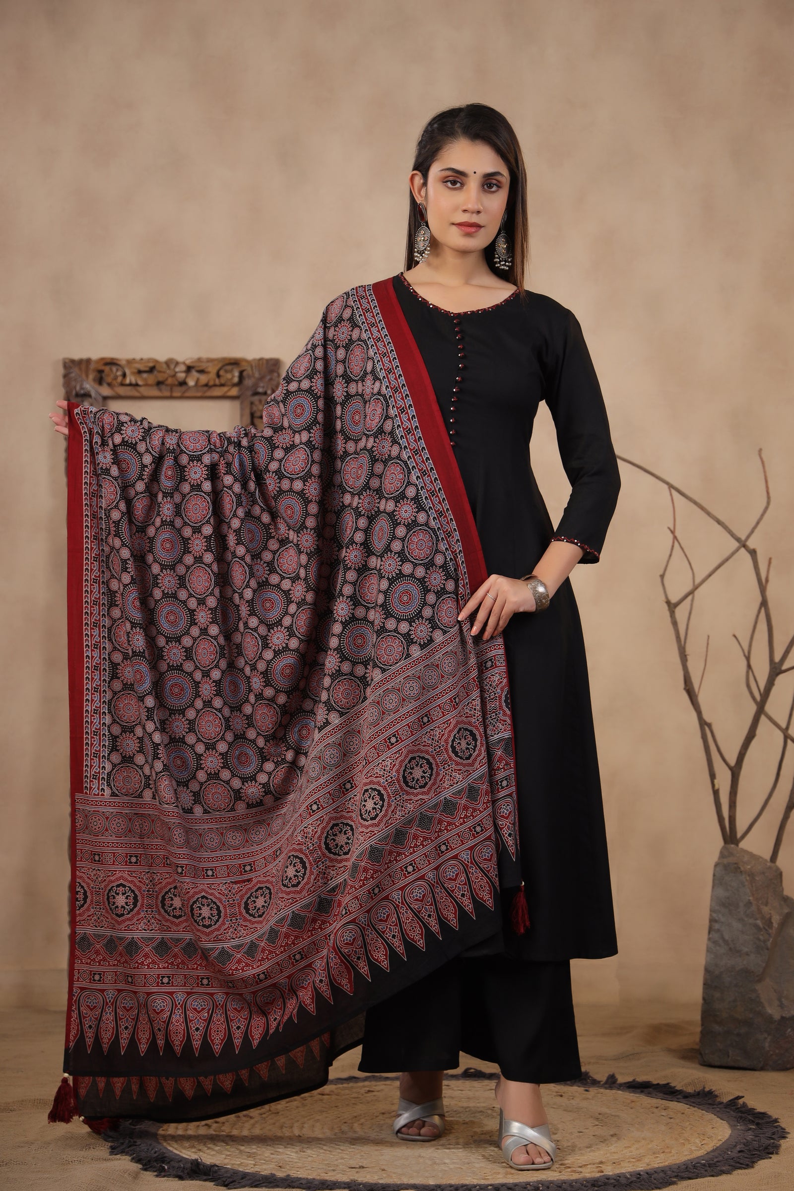 Solid Black Sequined Kurta with Palazzo & Dupatta