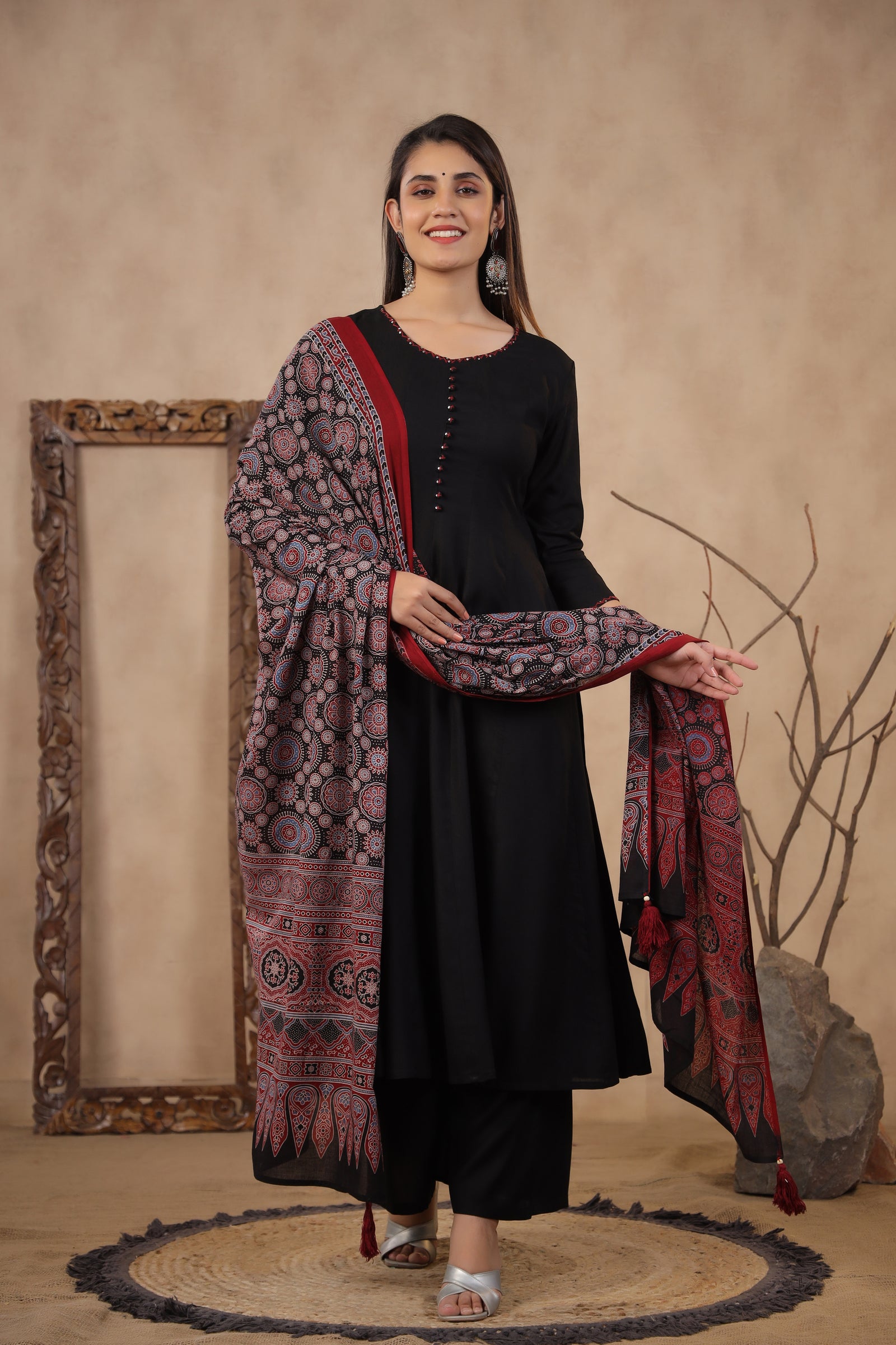 Solid Black Sequined Kurta with Palazzo & Dupatta