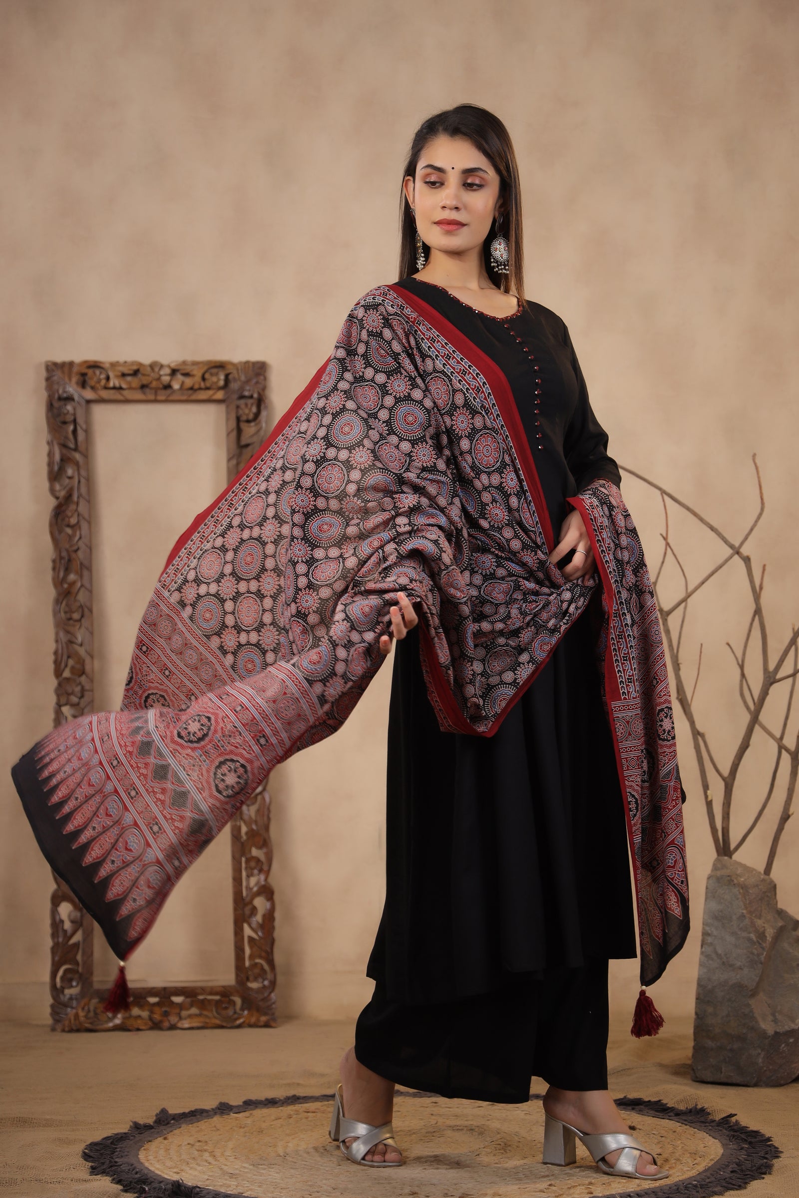 Solid Black Sequined Kurta with Palazzo & Dupatta