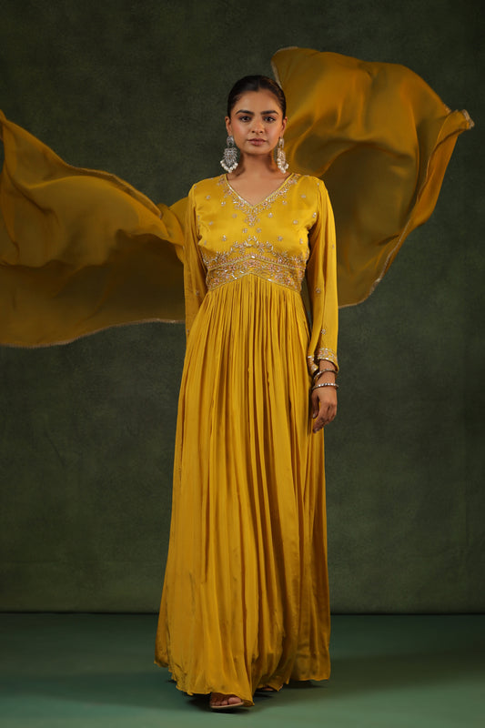Mustard Yellow Party Wear Gown in Alia cut