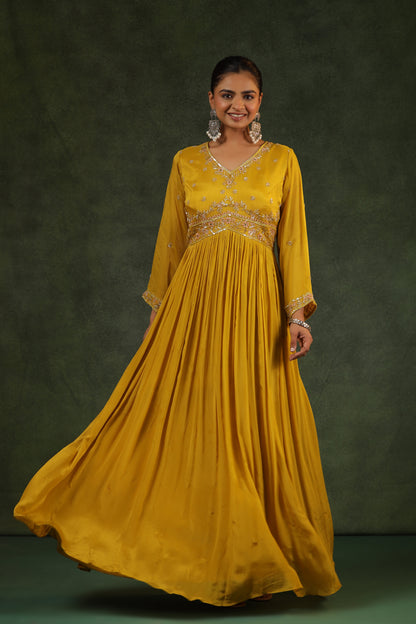 Mustard Yellow Party Wear Gown in Alia cut