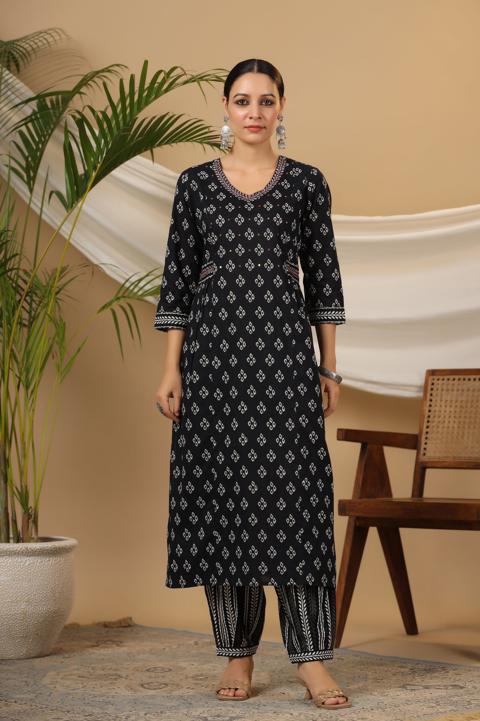 Printed Straight Cotton Black Kurta with Afghani Pant and Dupatta