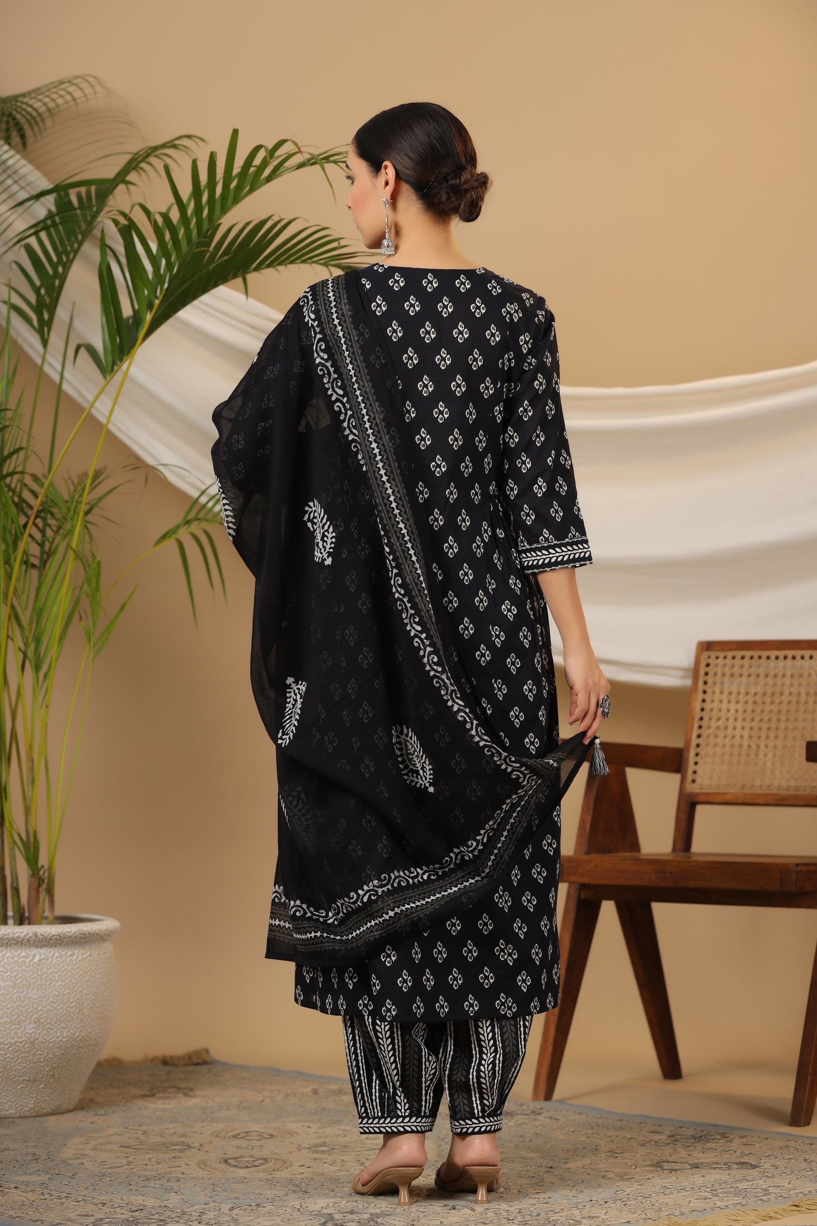 Printed Straight Cotton Black Kurta with Afghani Pant and Dupatta