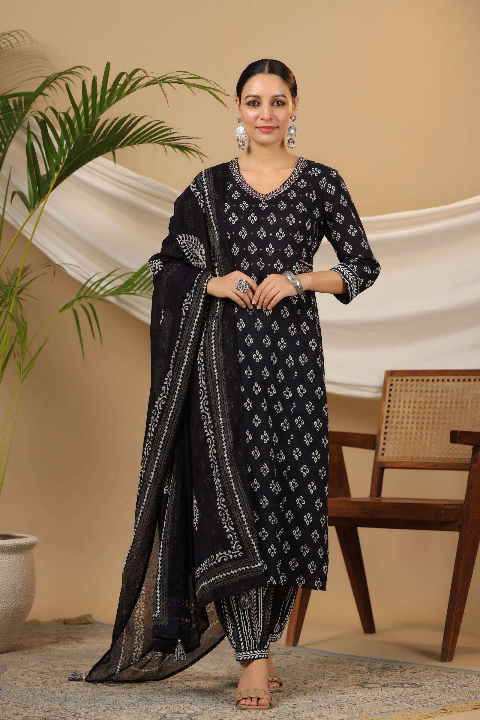 Printed Straight Cotton Black Kurta with Afghani Pant and Dupatta