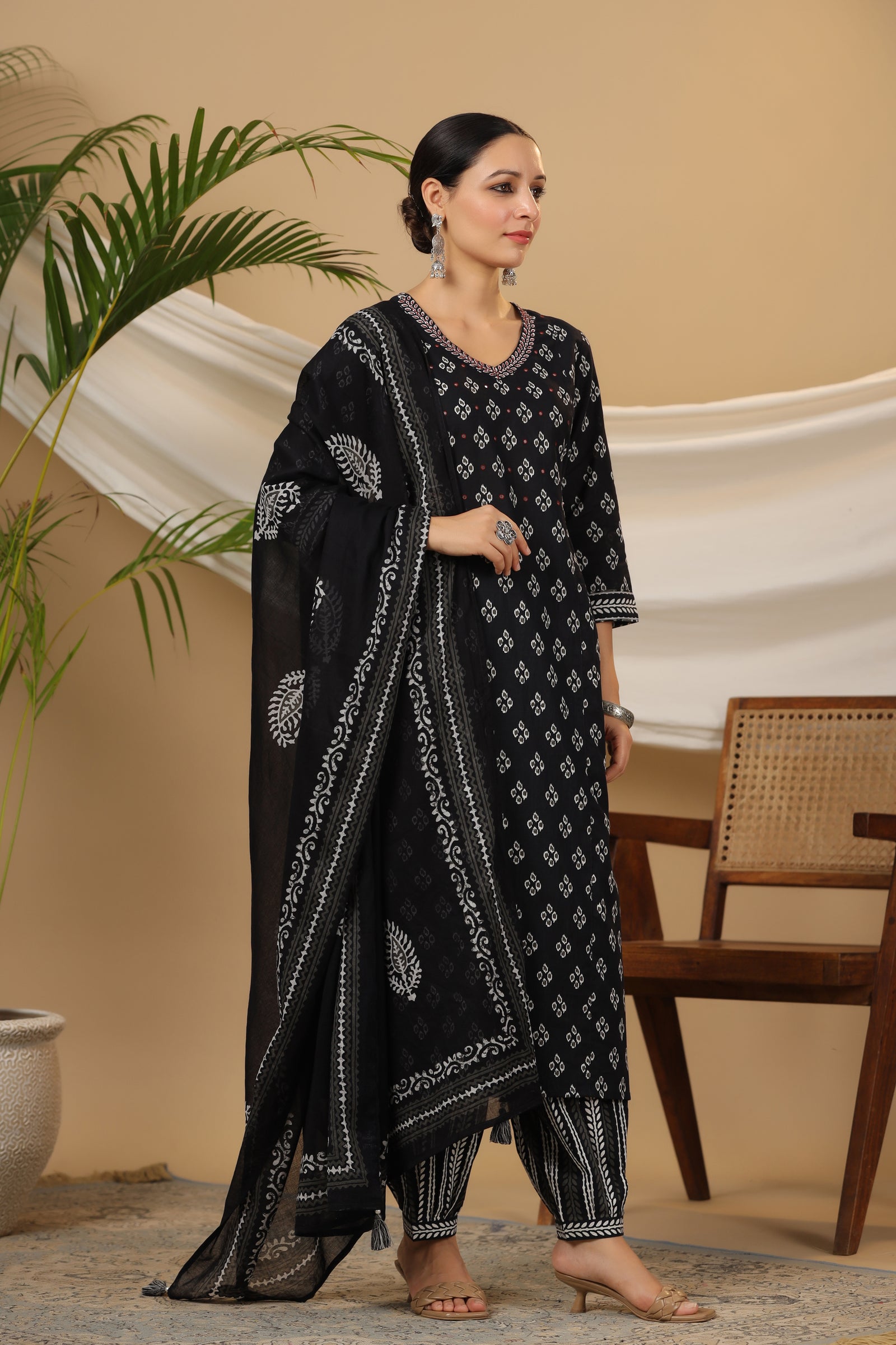 Printed Straight Cotton Black Kurta with Afghani Pant and Dupatta