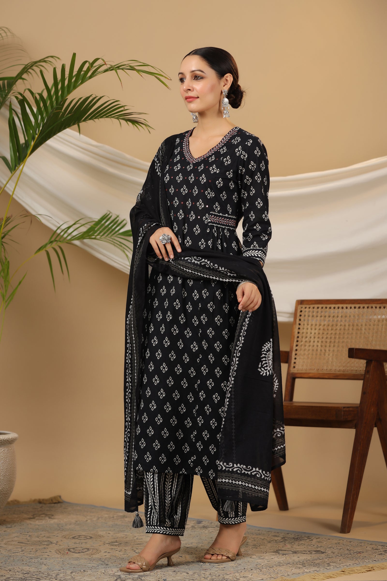 Printed Straight Cotton Black Kurta with Afghani Pant and Dupatta