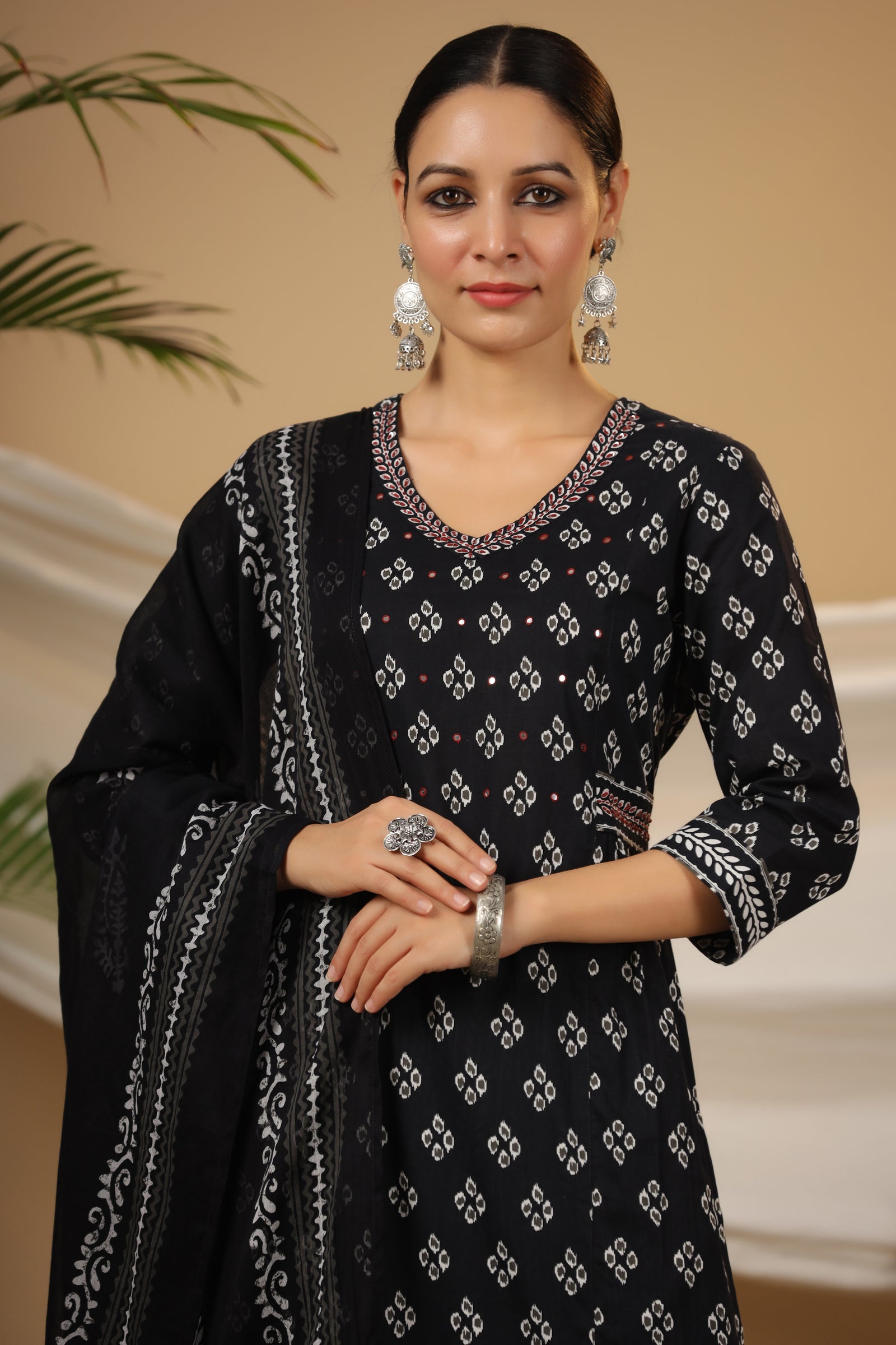 Printed Straight Cotton Black Kurta with Afghani Pant and Dupatta