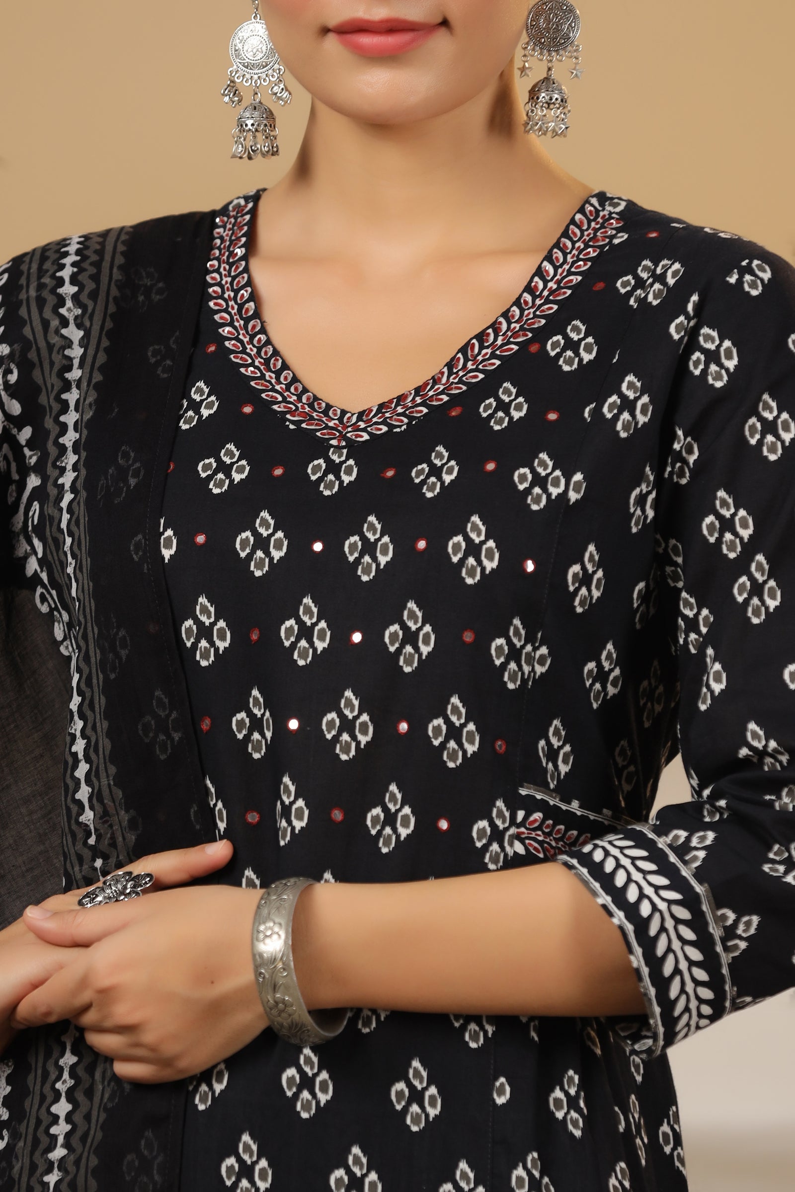 Printed Straight Cotton Black Kurta with Afghani Pant and Dupatta