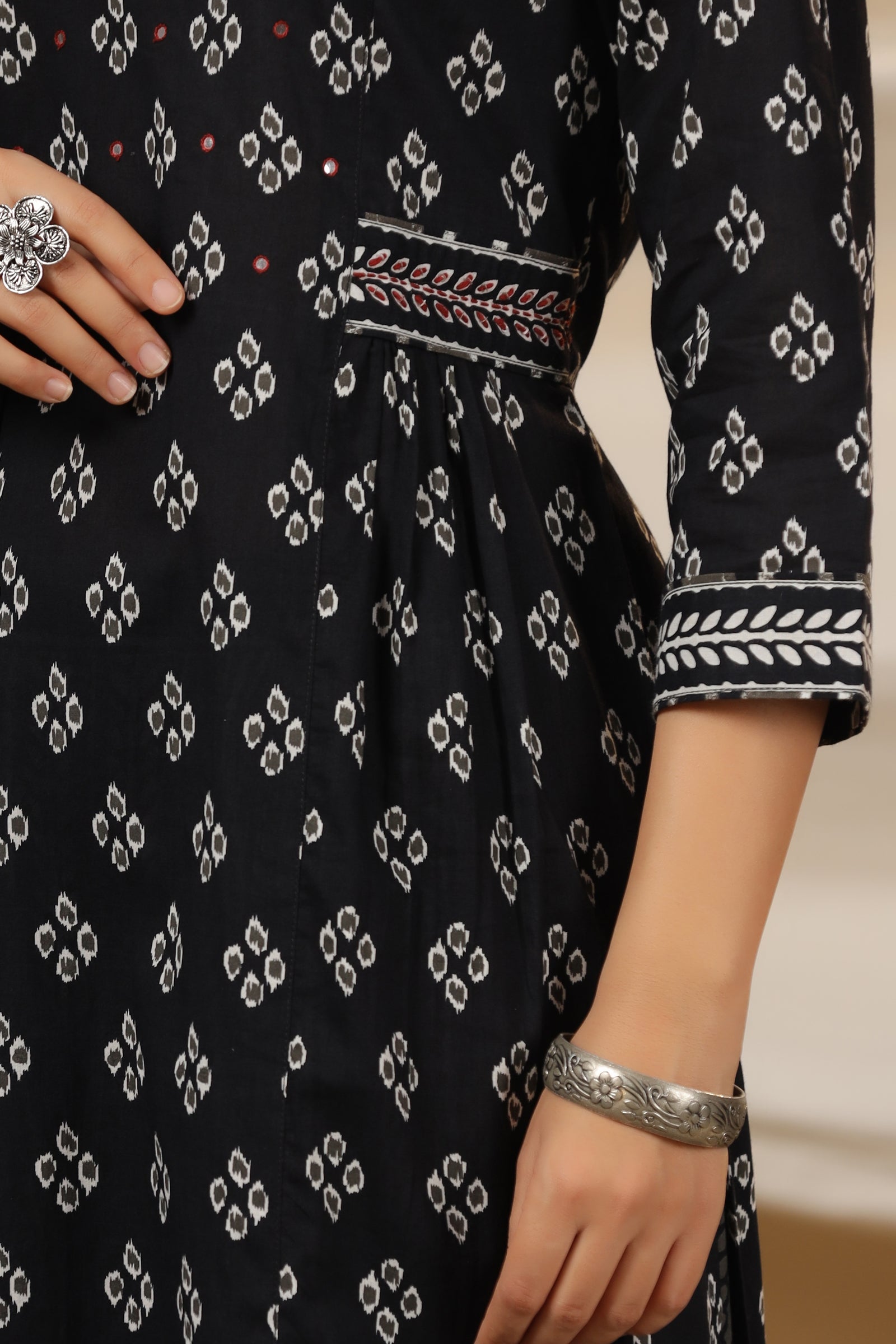 Printed Straight Cotton Black Kurta with Afghani Pant and Dupatta