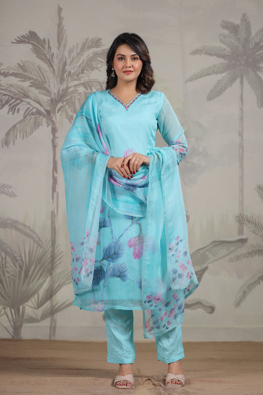 Sky Blue Organza Three-Piece Suit Set - A Dreamy Affair