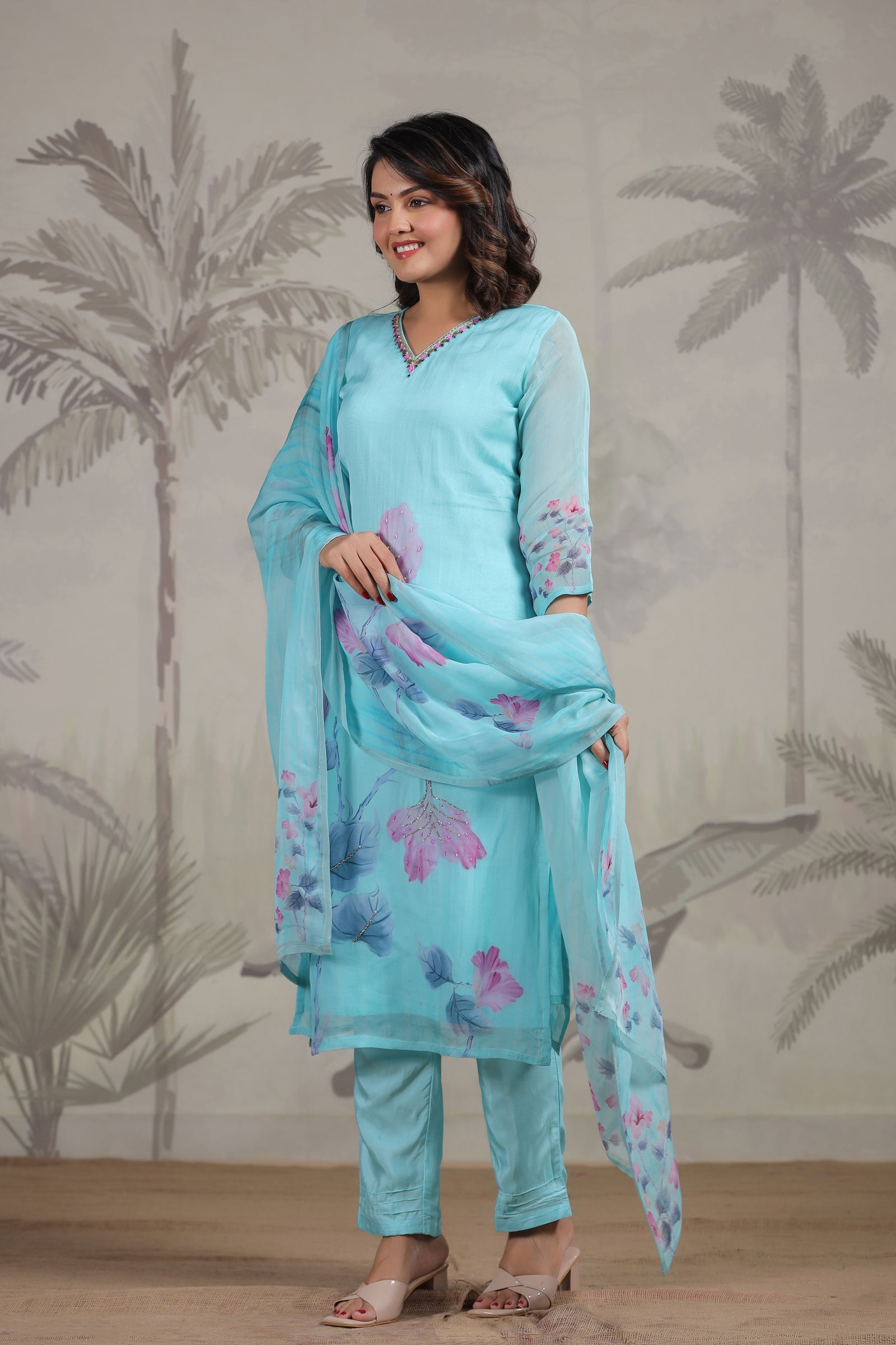 Sky Blue Organza Three-Piece Suit Set - A Dreamy Affair