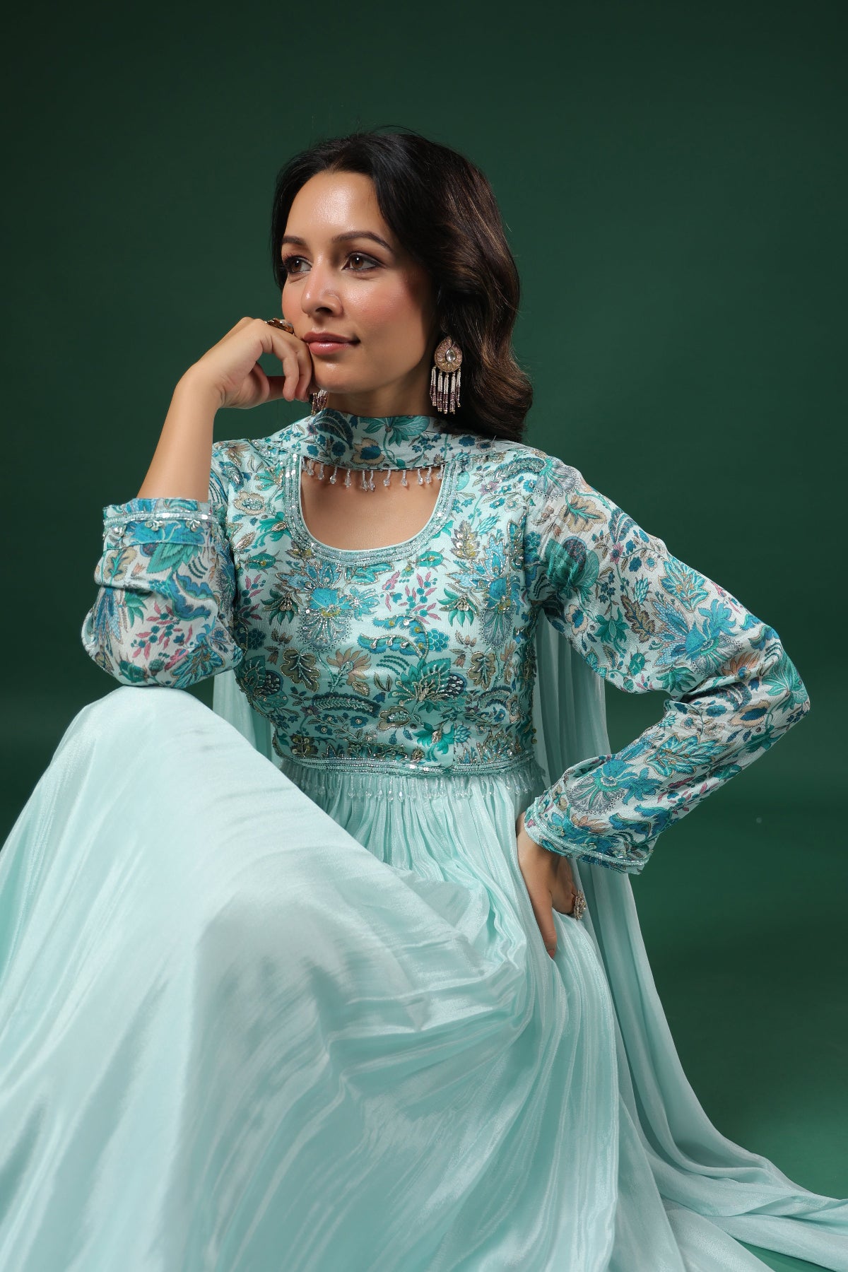 Floral Printed Gown with Handwork embroidery (3 colours)