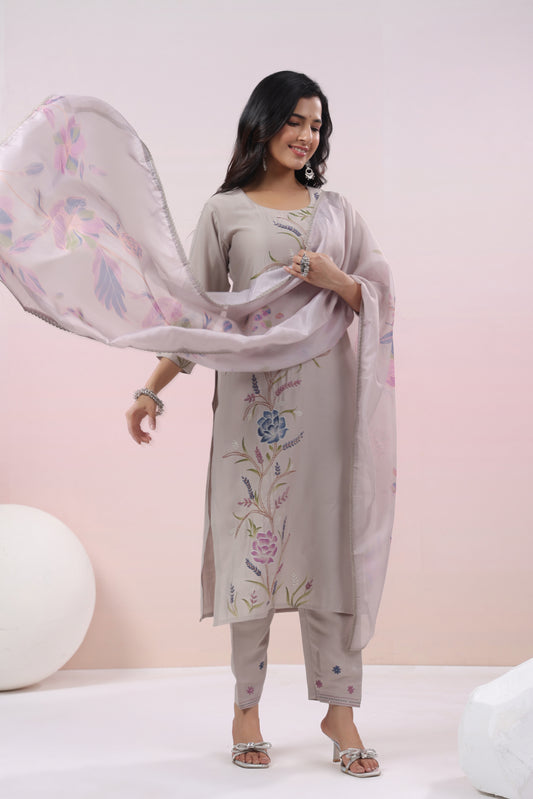 Grey Thread Embroidered Suit Set