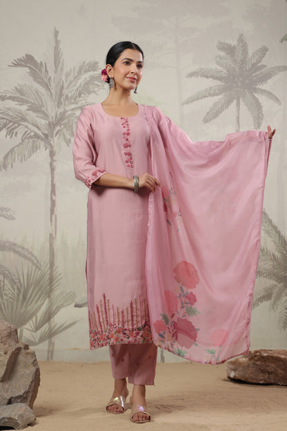 Nude Pink Thread Embroidered Suit Set