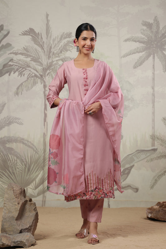 Nude Pink Thread Embroidered Suit Set