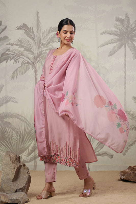 Nude Pink Thread Embroidered Suit Set
