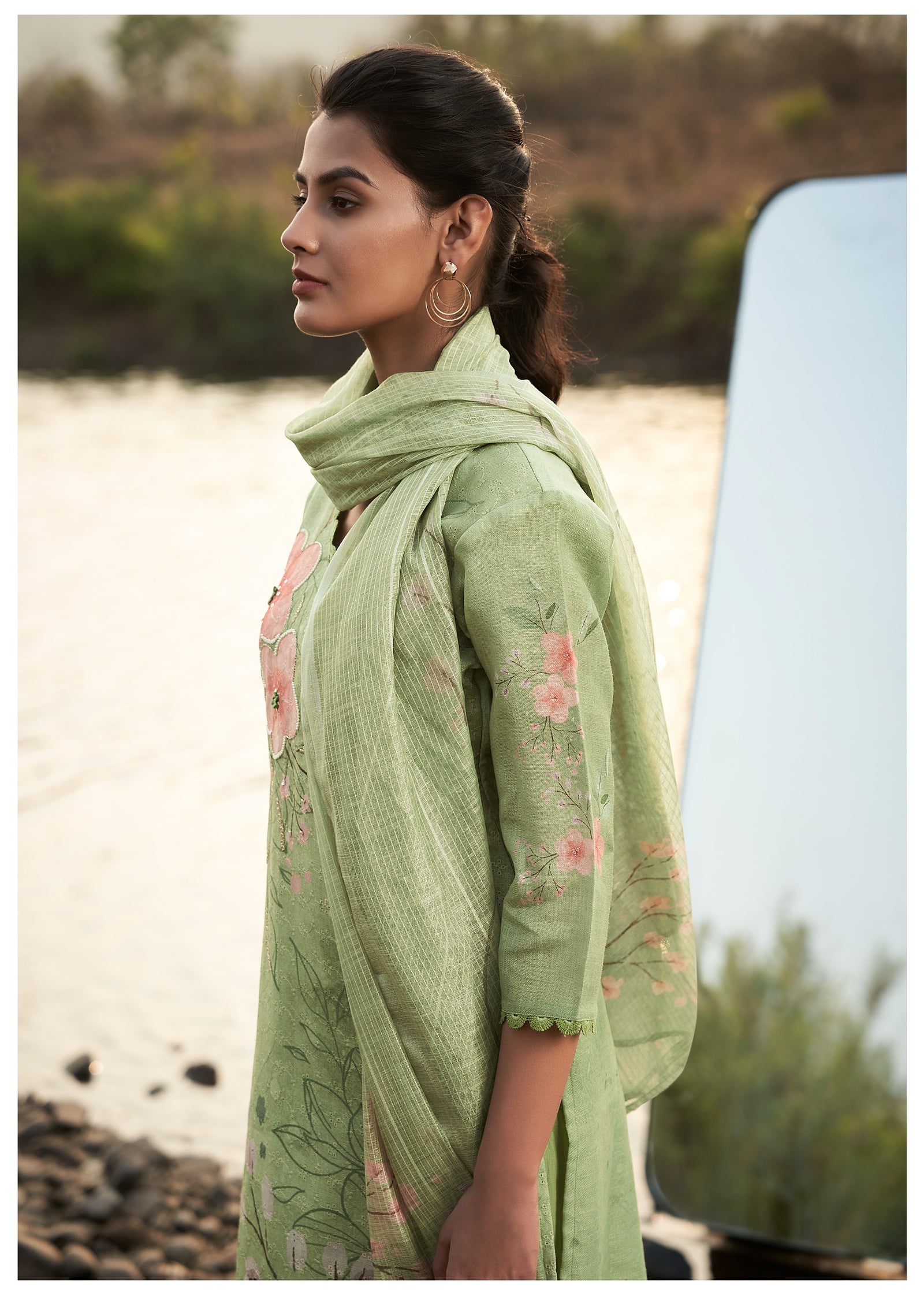 Green Linen Cotton Floral Kurta Set