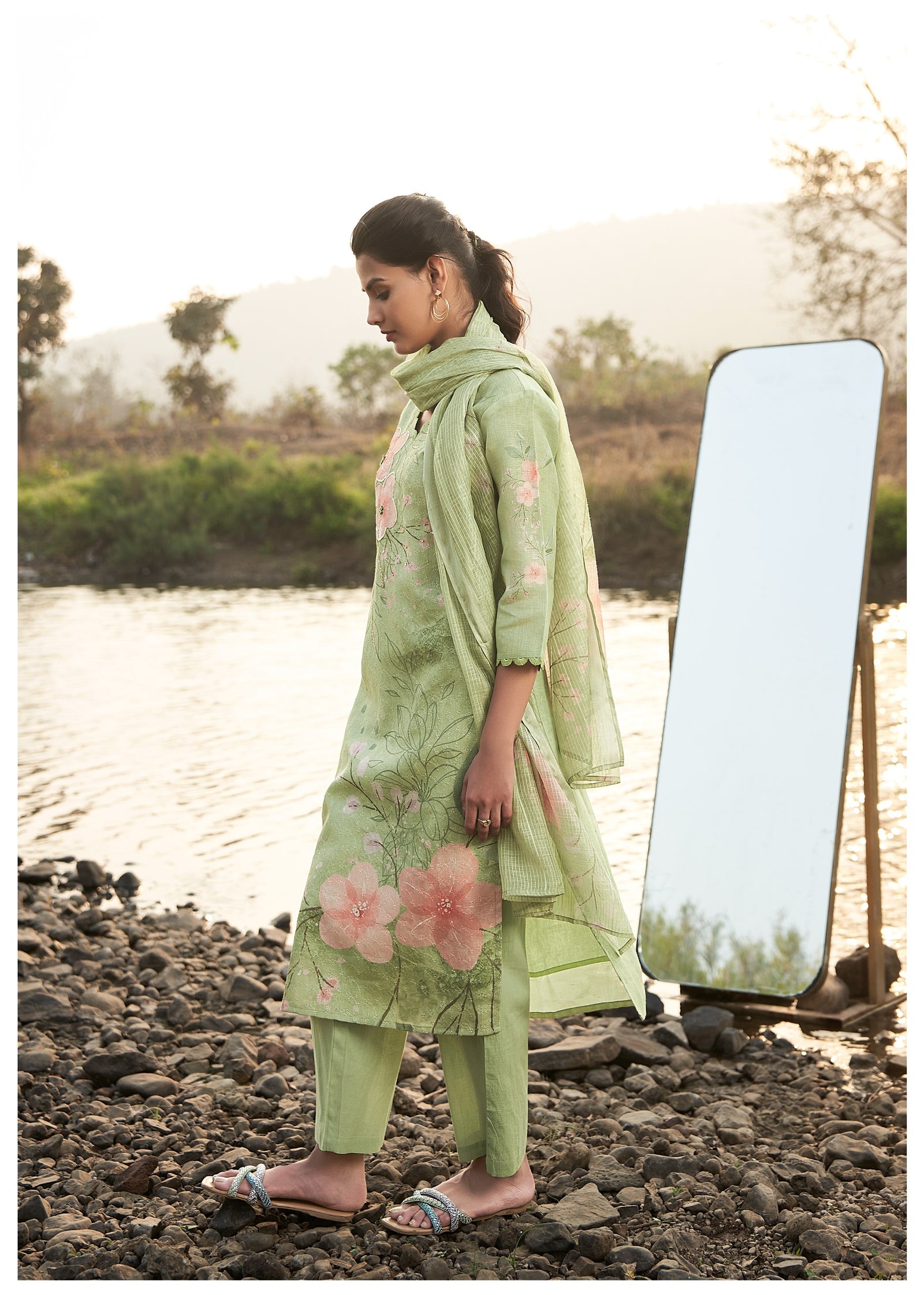 Green Linen Cotton Floral Kurta Set