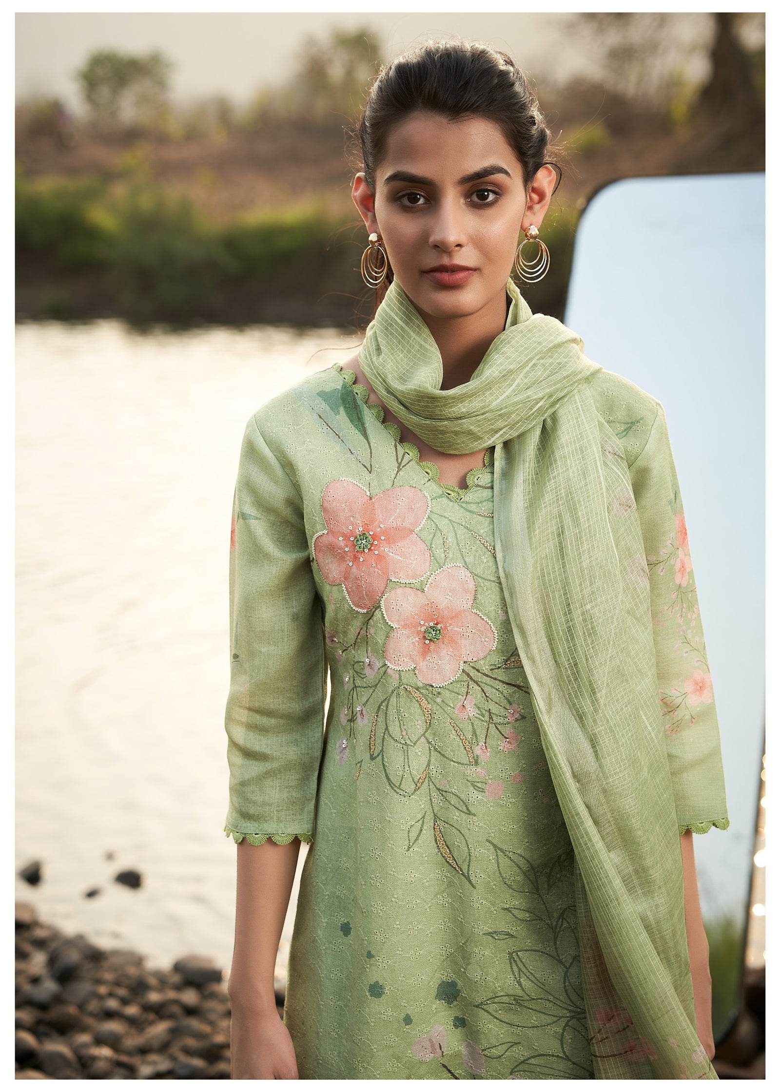 Green Linen Cotton Floral Kurta Set