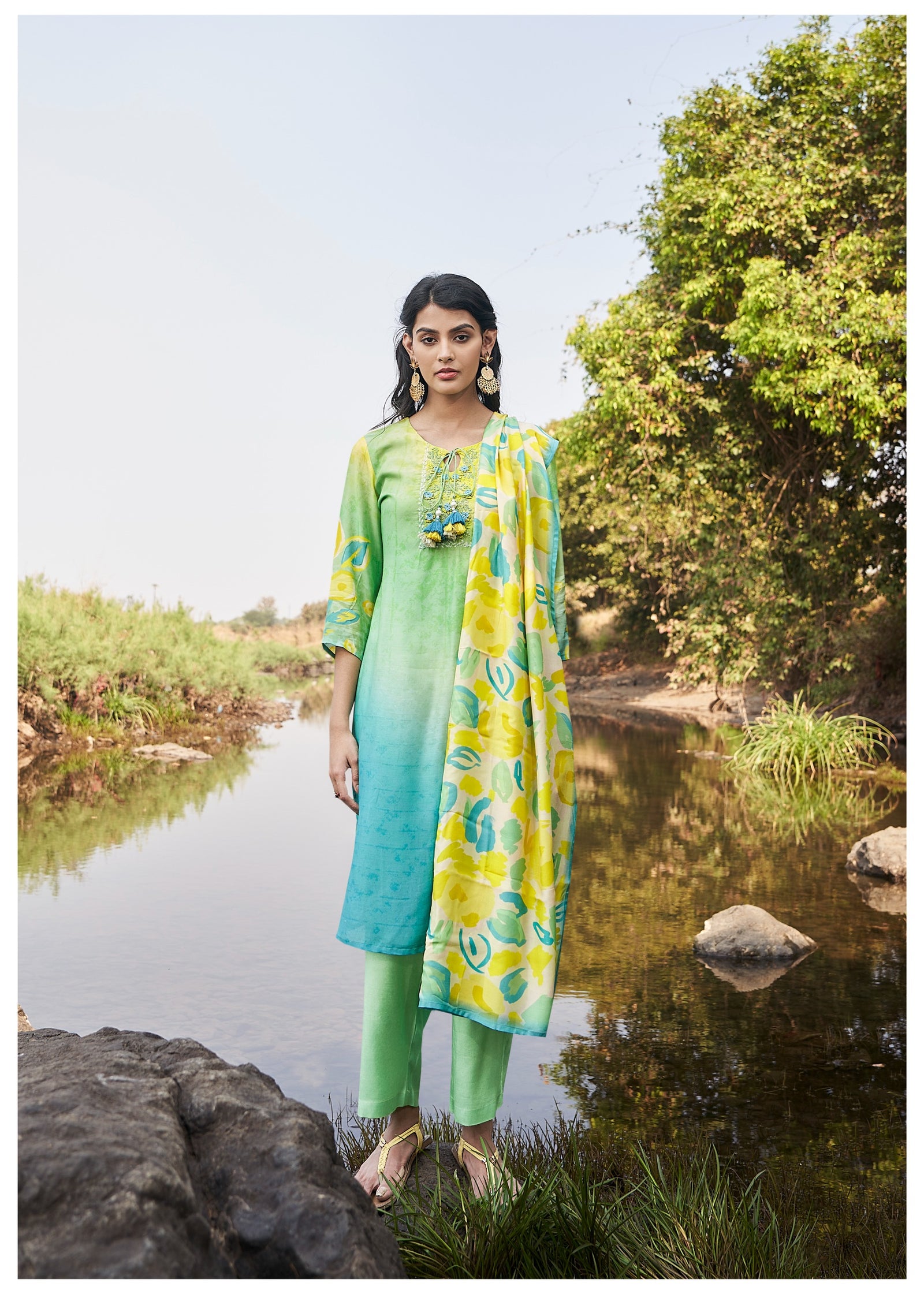 Abstract Green-Yellow Suit Set with Dupatta