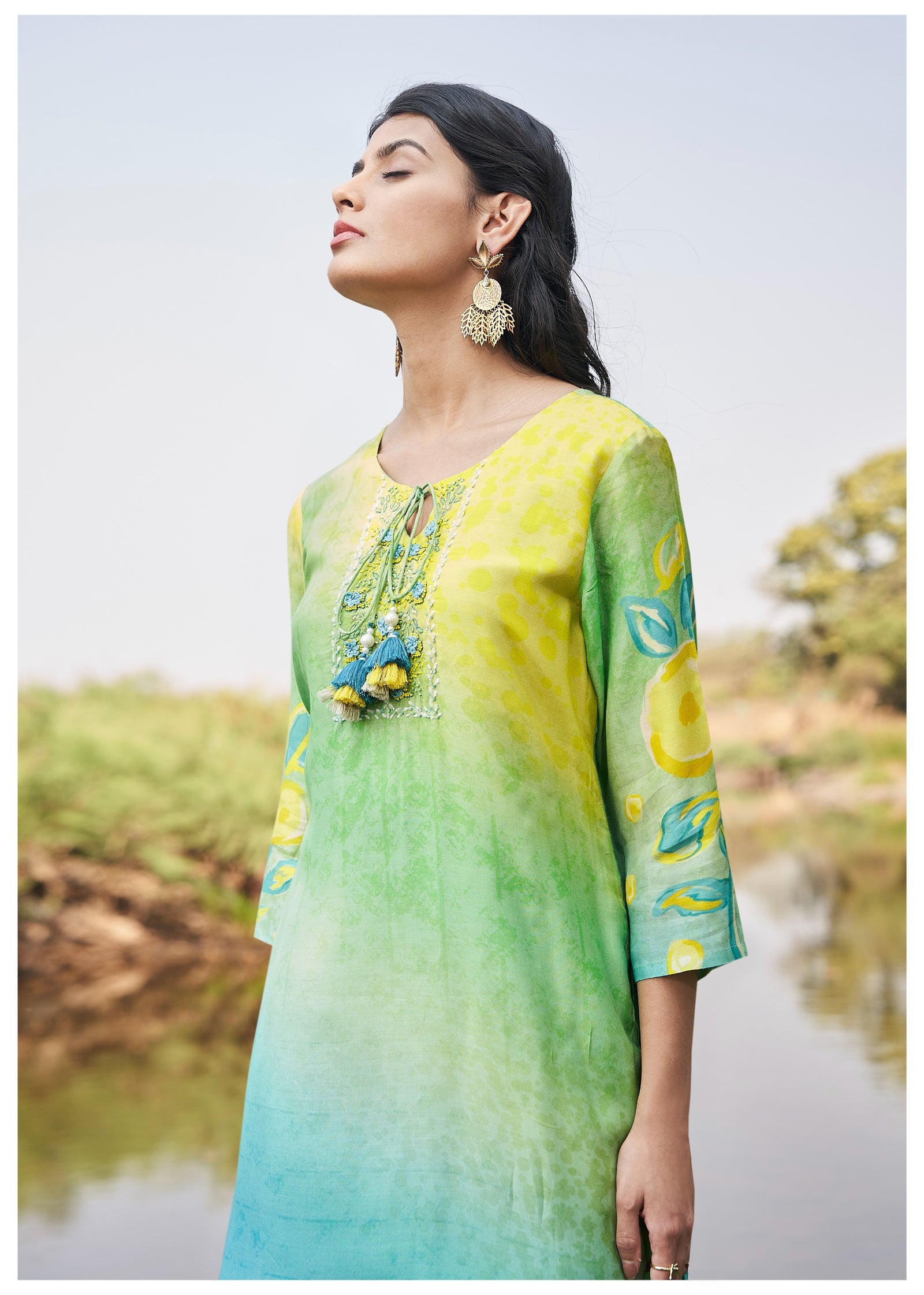 Abstract Green-Yellow Suit Set with Dupatta