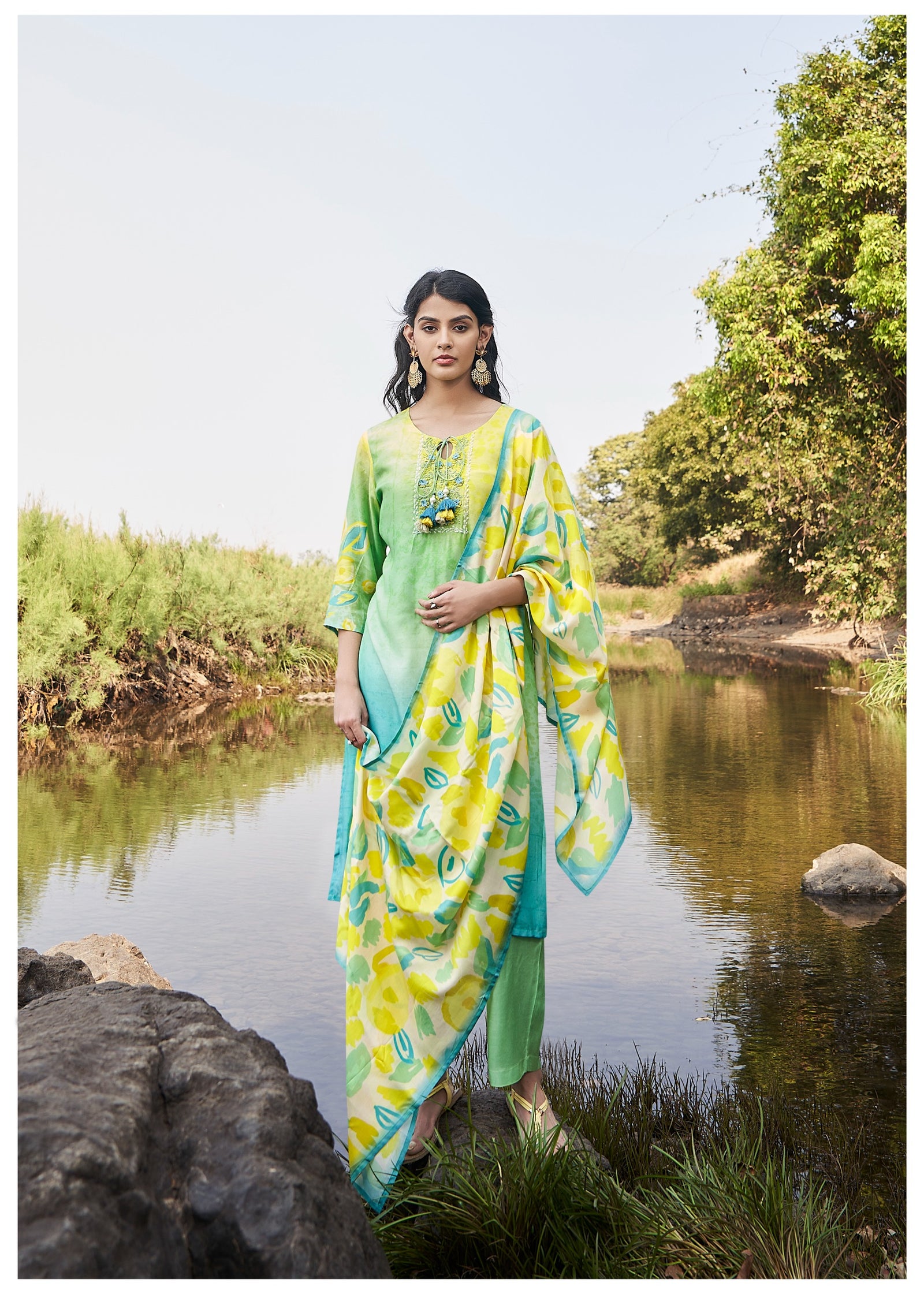 Abstract Green-Yellow Suit Set with Dupatta