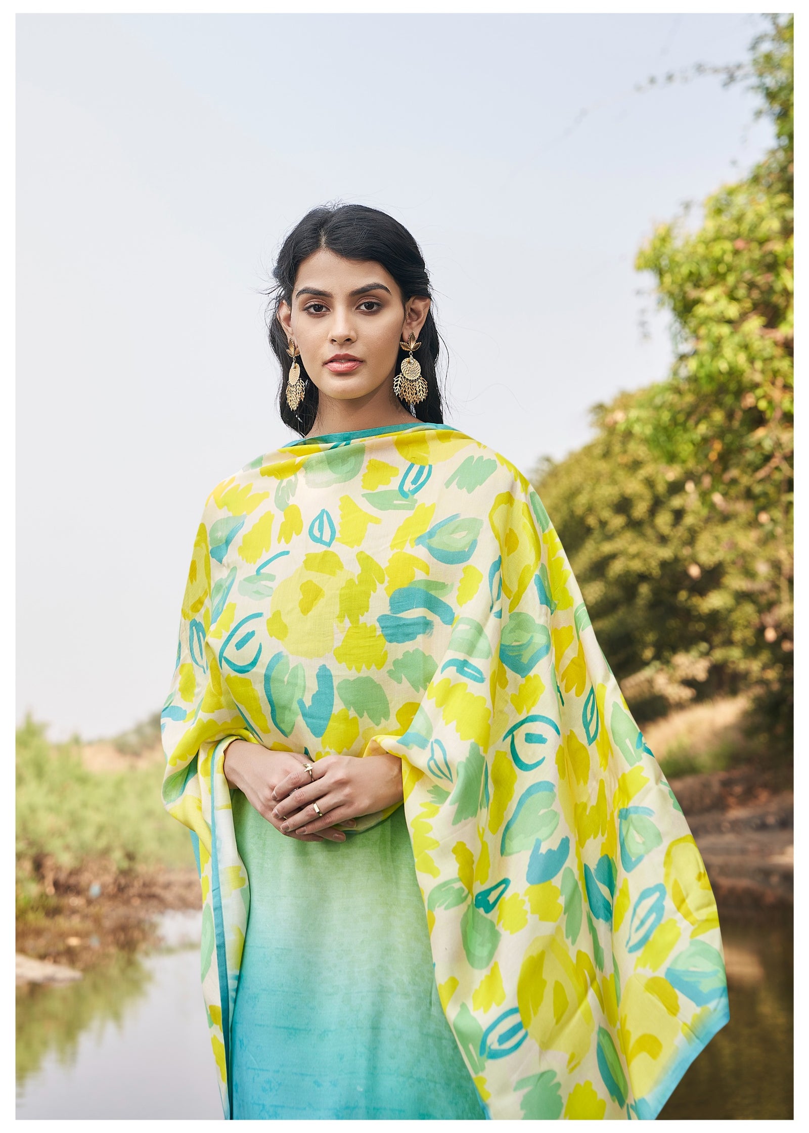 Abstract Green-Yellow Suit Set with Dupatta