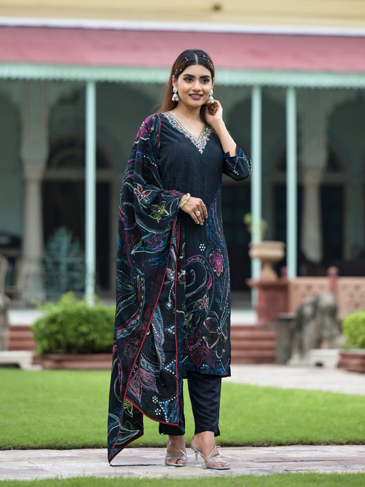 Black Floral Printed Sequined Muslin Suit Set