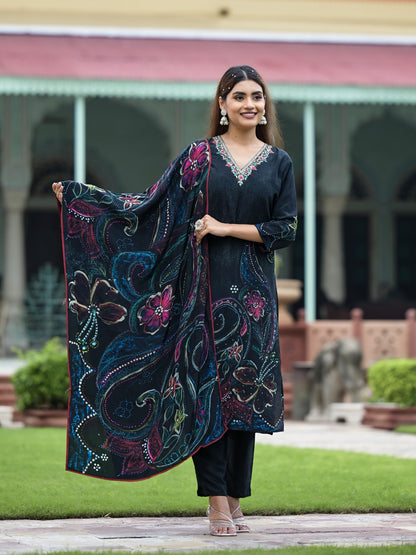 Black Floral Printed Sequined Muslin Suit Set