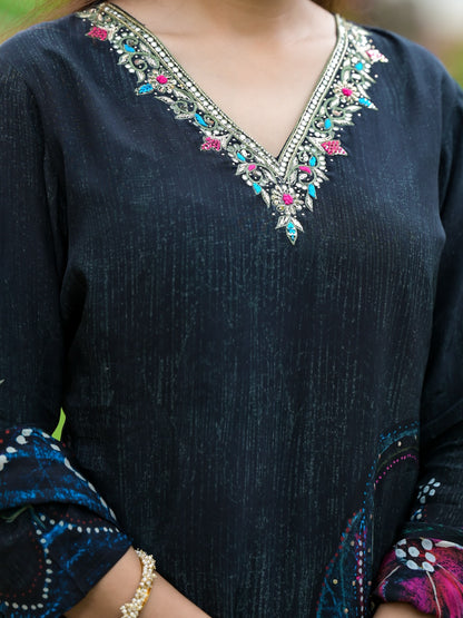 Black Floral Printed Sequined Muslin Suit Set
