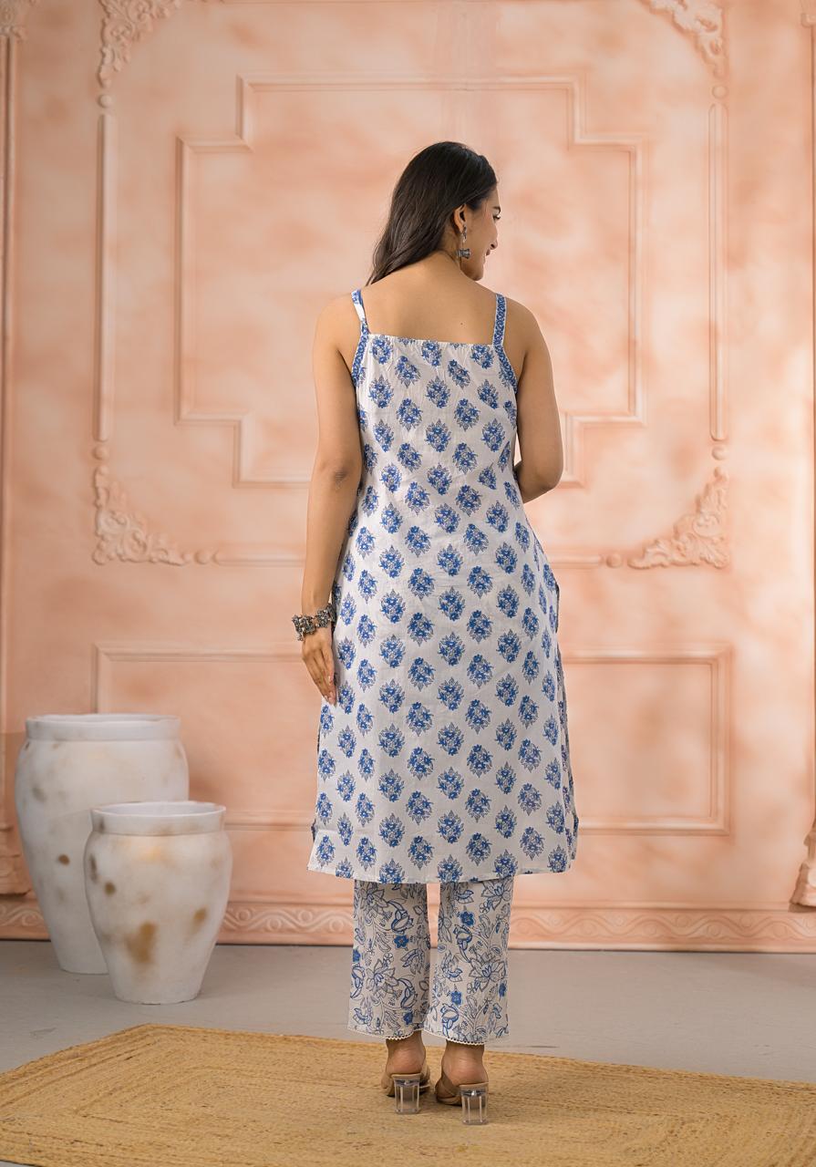 Blue Garden Strappy Cotton Suit Set