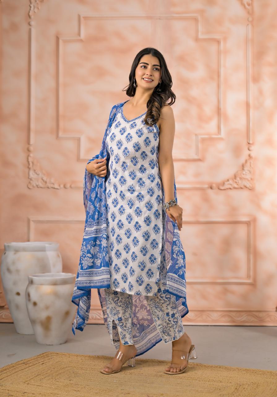 Blue Garden Strappy Cotton Suit Set