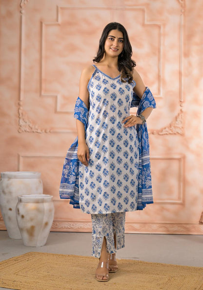 Blue Garden Strappy Cotton Suit Set