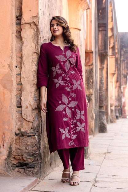 Wine Embroidered Cotton Kurta Pant