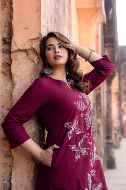 Wine Embroidered Cotton Kurta Pant