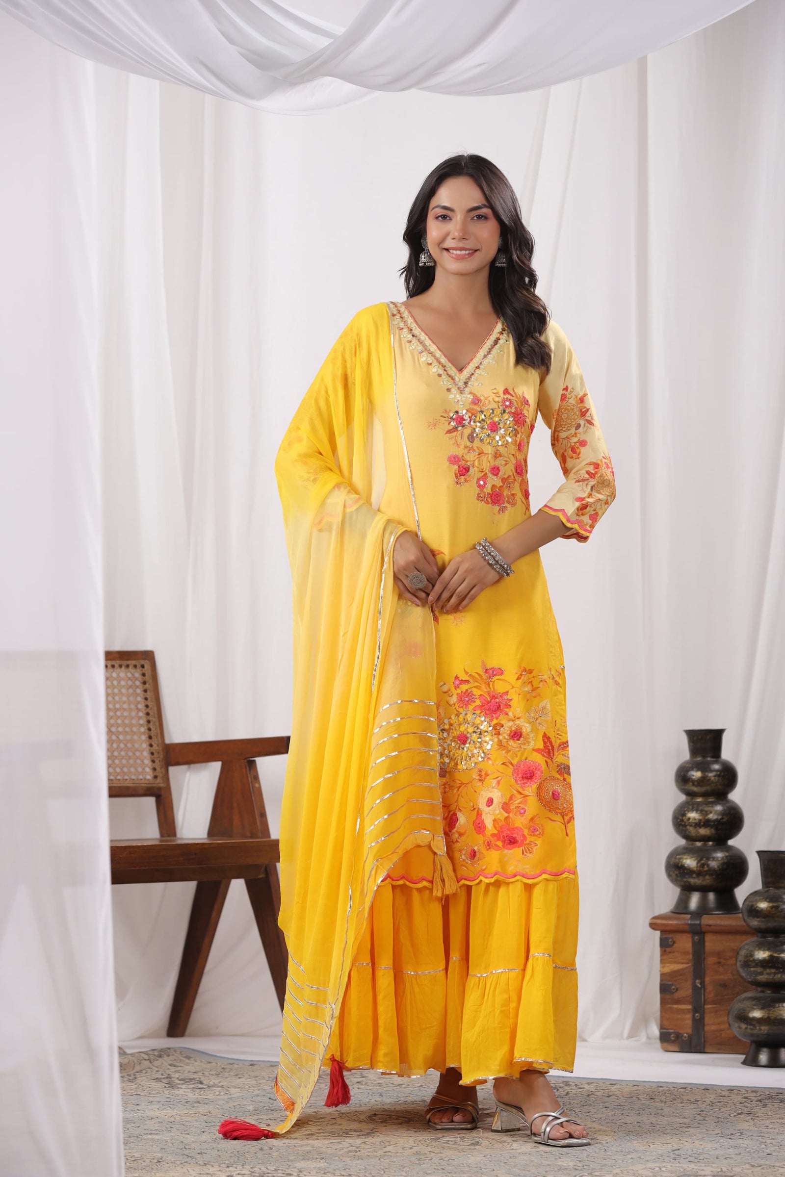 Yellow Digital Printed Muslin Anarkali with Chiffon Dupatta