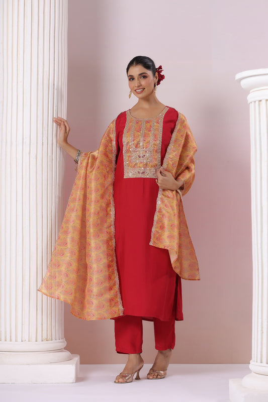 Red Modal Silk Kurta Pant Set With Dupatta