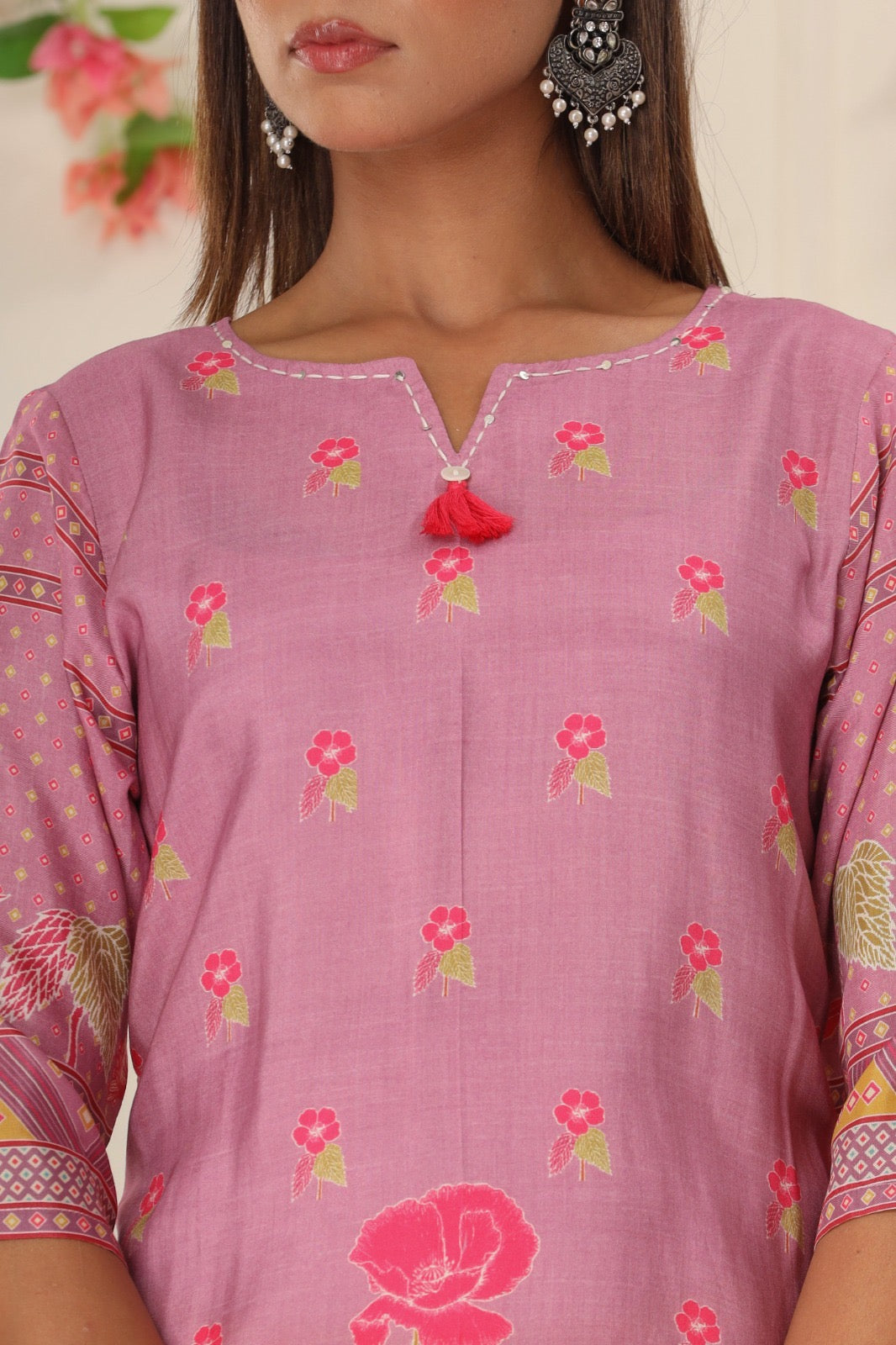 Onion Pink Crepe Floral Printed Kurti