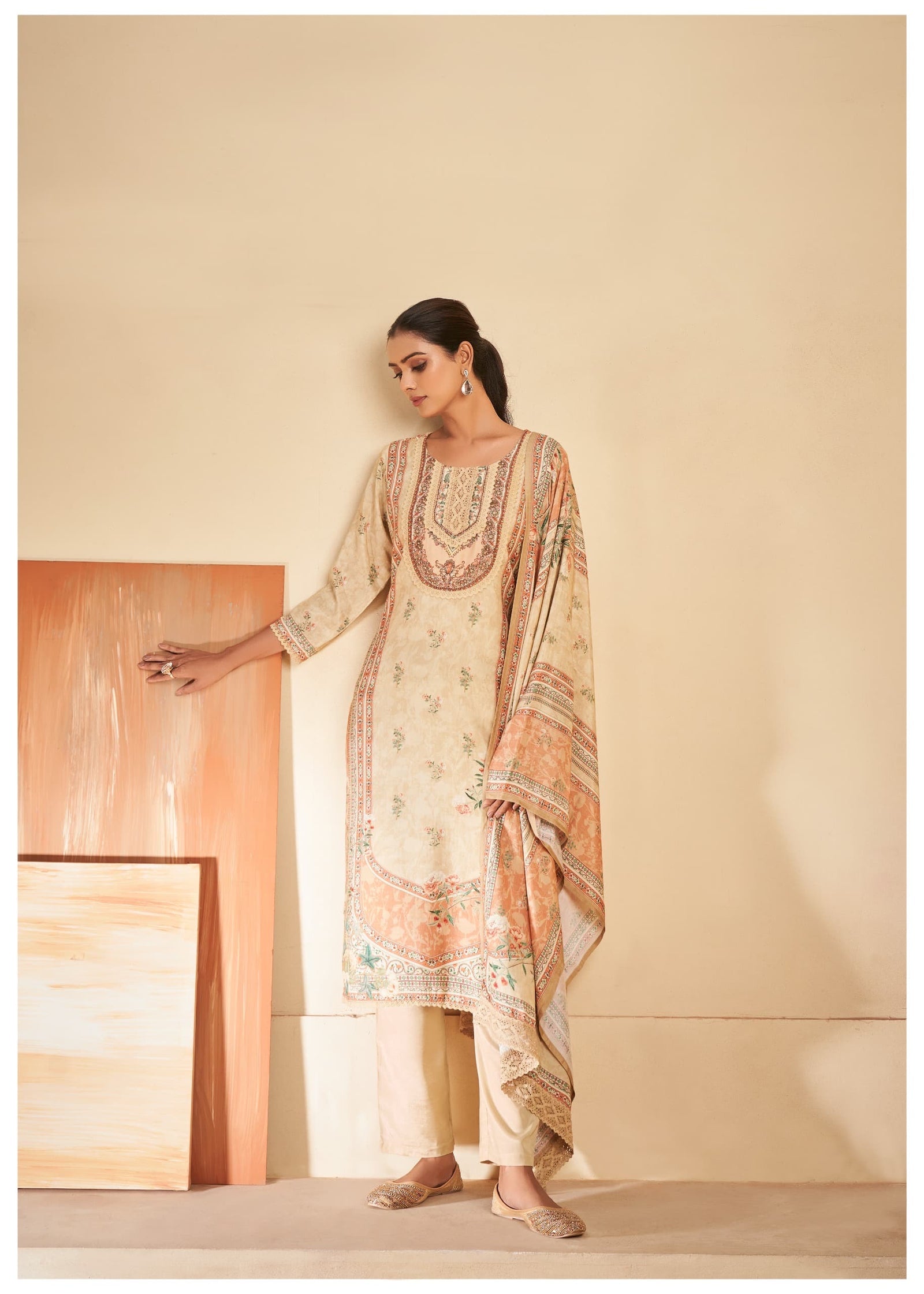 Beige Printed Kurta Set