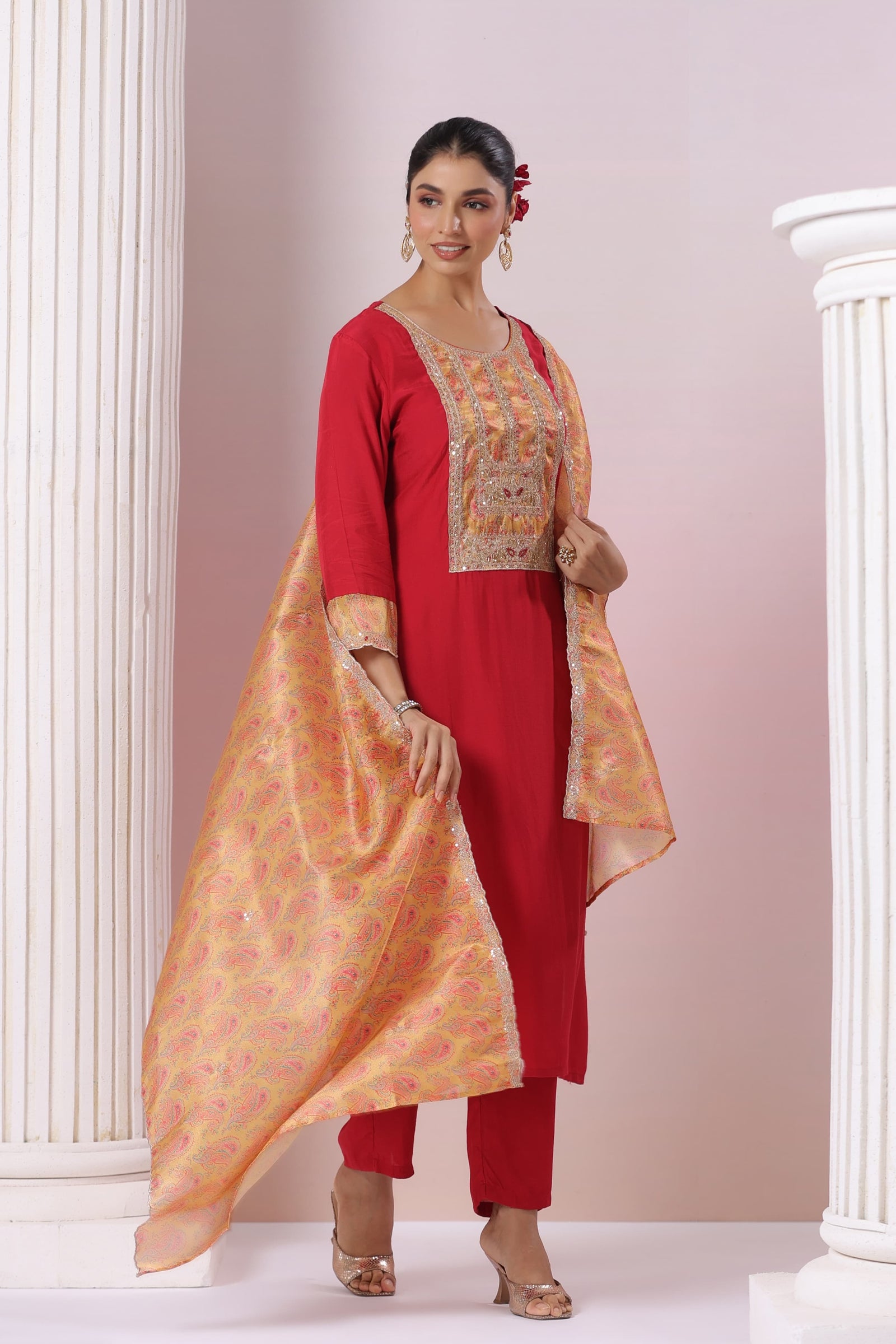 Red Modal Silk Kurta Pant Set With Dupatta